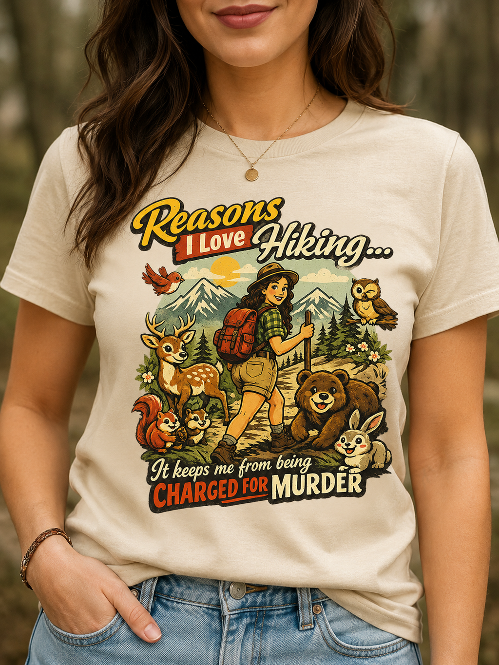 Hiking T-Shirt — "Reasons I Love Hiking... It Keeps Me From Being Charged For Murder" Retro Outdoor Tee