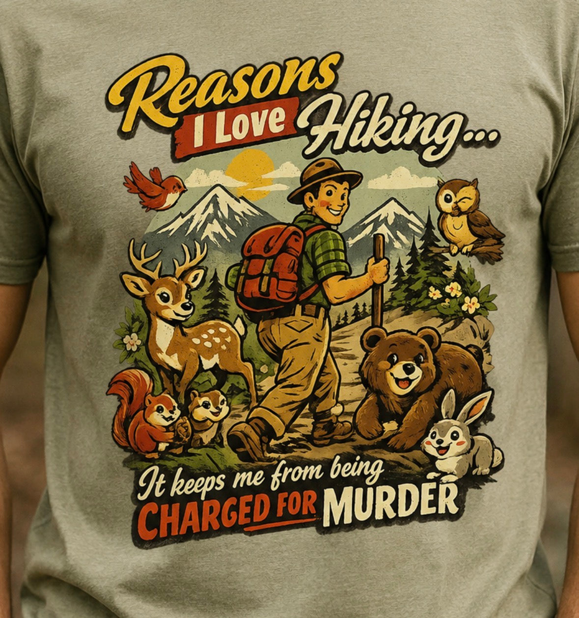 Hiking T-Shirt — Men’s "Reasons I Love Hiking... It Keeps Me From Being Charged For Murder" Vintage Outdoor Tee
