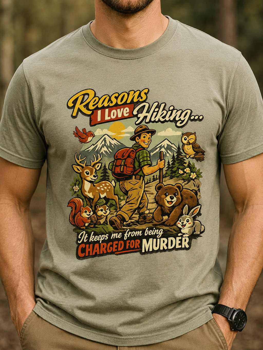 Hiking T-Shirt — Men’s "Reasons I Love Hiking... It Keeps Me From Being Charged For Murder" Vintage Outdoor Tee
