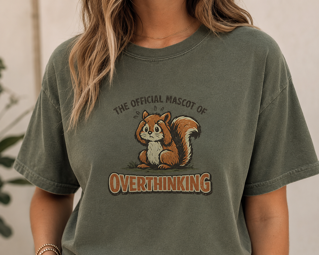 Overthinking Mascot T-Shirt — Cute Retro Squirrel Graphic Tee