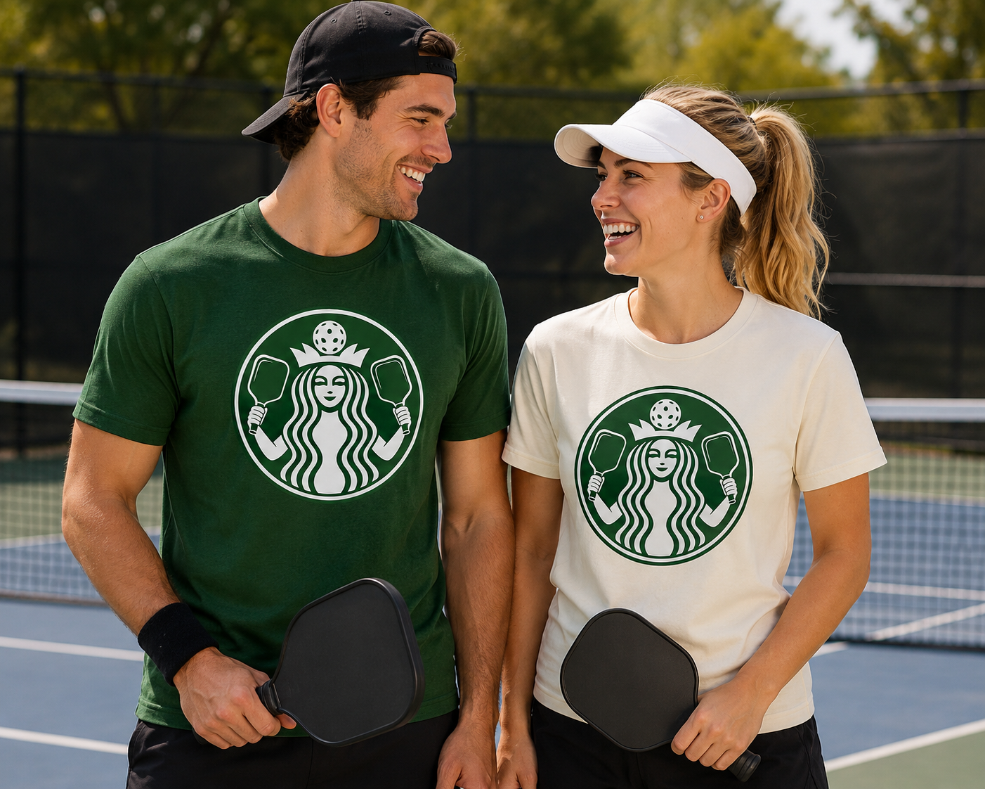 Coffee pickleball Logo Tee — Retro Mermaid Holding paddles Graphic T-Shirt