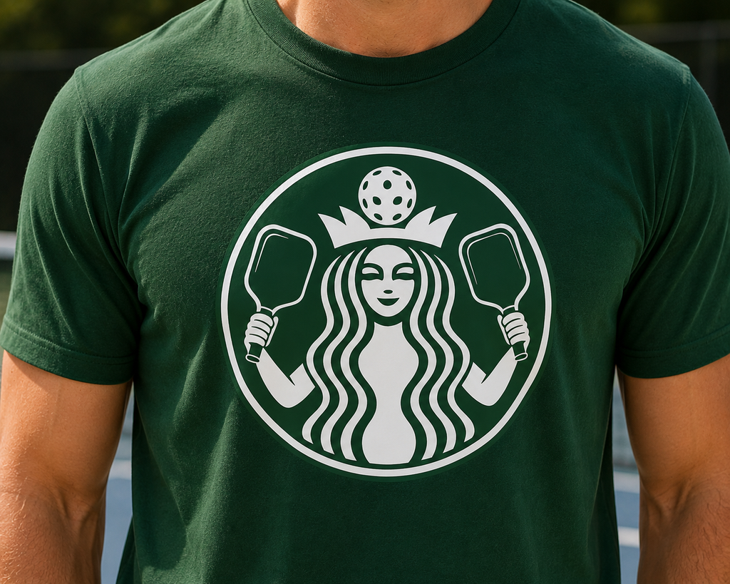 Coffee pickleball Logo Tee — Retro Mermaid Holding paddles Graphic T-Shirt