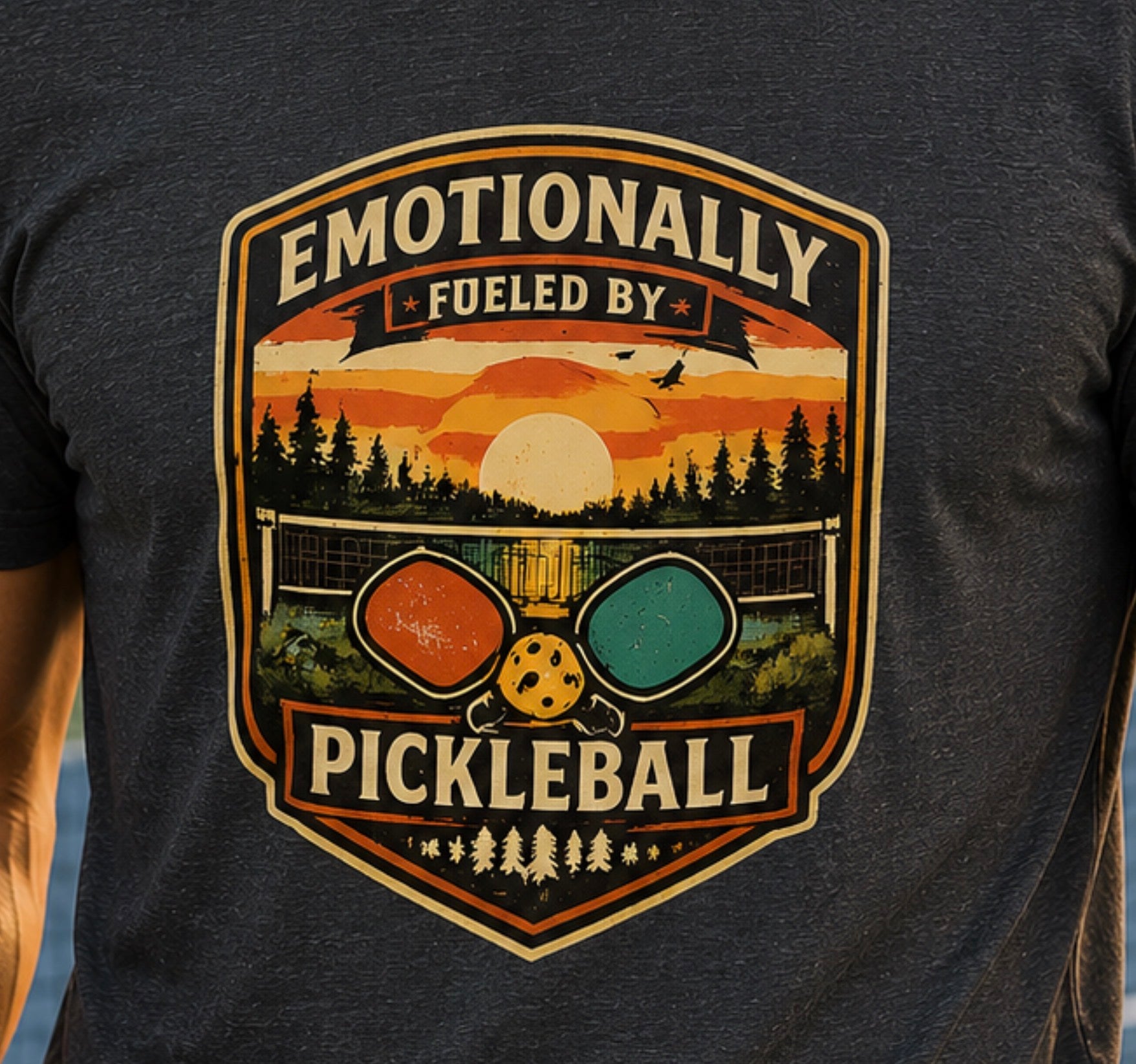 Pickleball Sunset Badge T‑Shirt  Emotionally Fueled by Pickleball