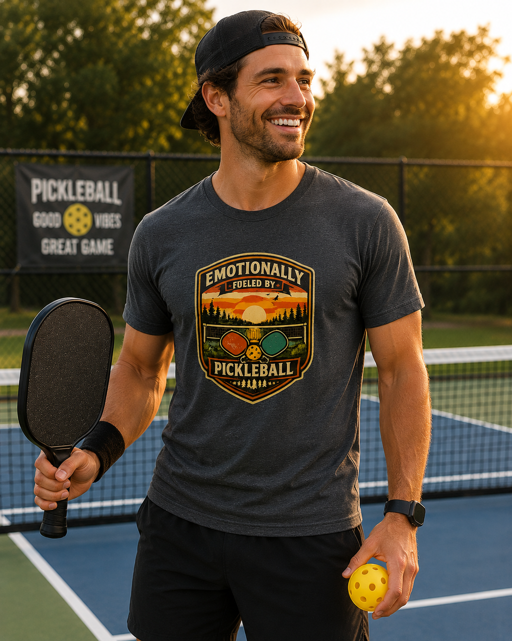 Pickleball Sunset Badge T‑Shirt  Emotionally Fueled by Pickleball