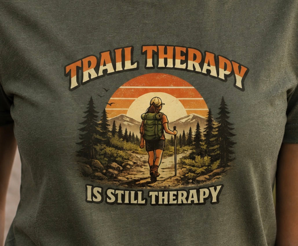 Woman’s Trail Therapy T-Shirt — Female Hiker Sunset Graphic