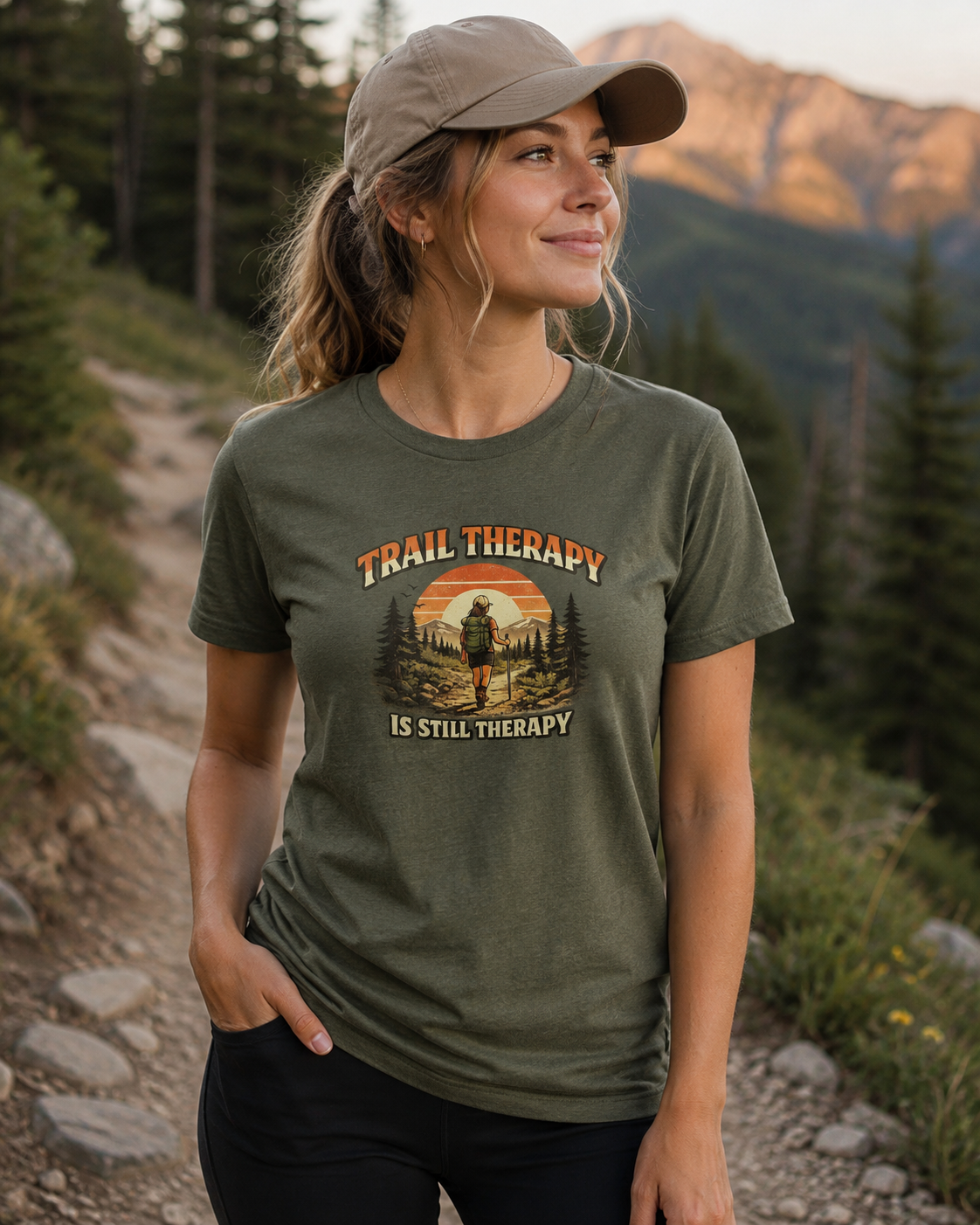 Woman’s Trail Therapy T-Shirt — Female Hiker Sunset Graphic