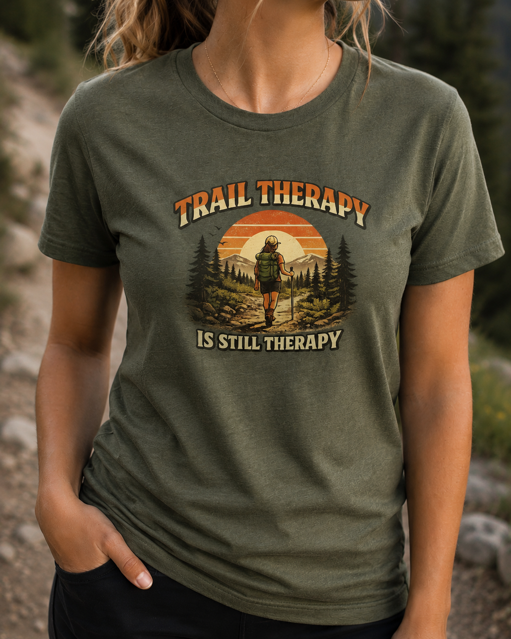 Woman’s Trail Therapy T-Shirt — Female Hiker Sunset Graphic