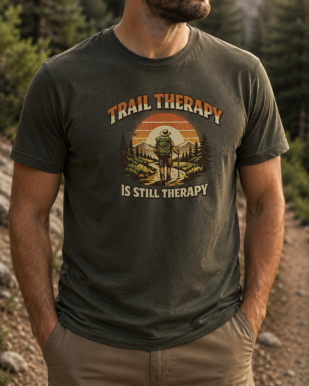 Men’s Trail Therapy T-Shirt — 'Trail Therapy Is Still Therapy' Male Hiking Graphic Tee