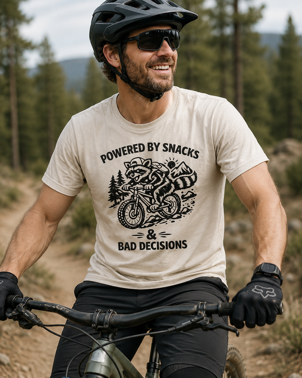 Mountain biking Tee Shirt  Powered by Snacks and Bad Decisions Graphic Tee