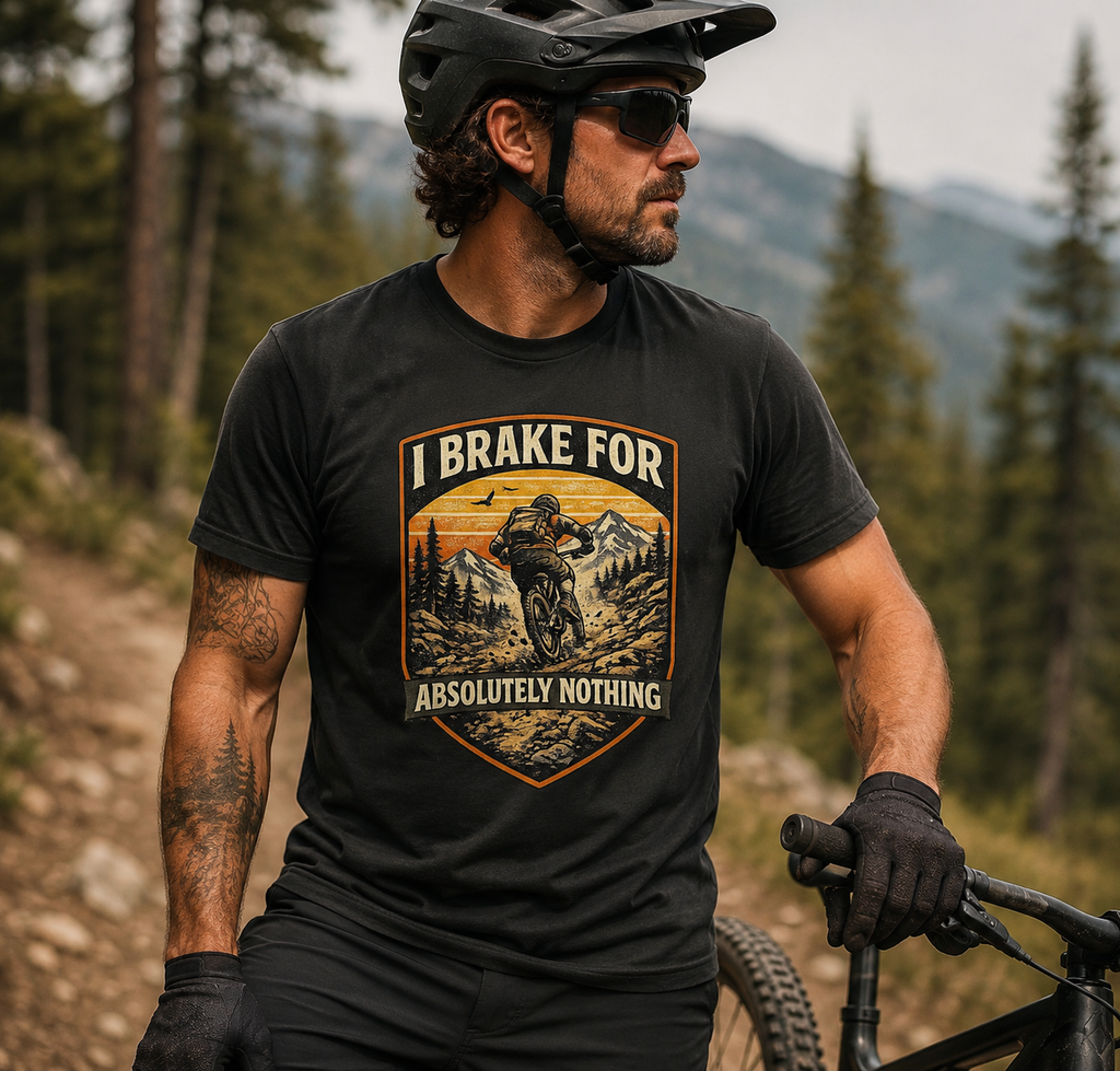 Mountain biking Tee Shirt — "I Brake for Absolutely Nothing" Vintage Rider Tee