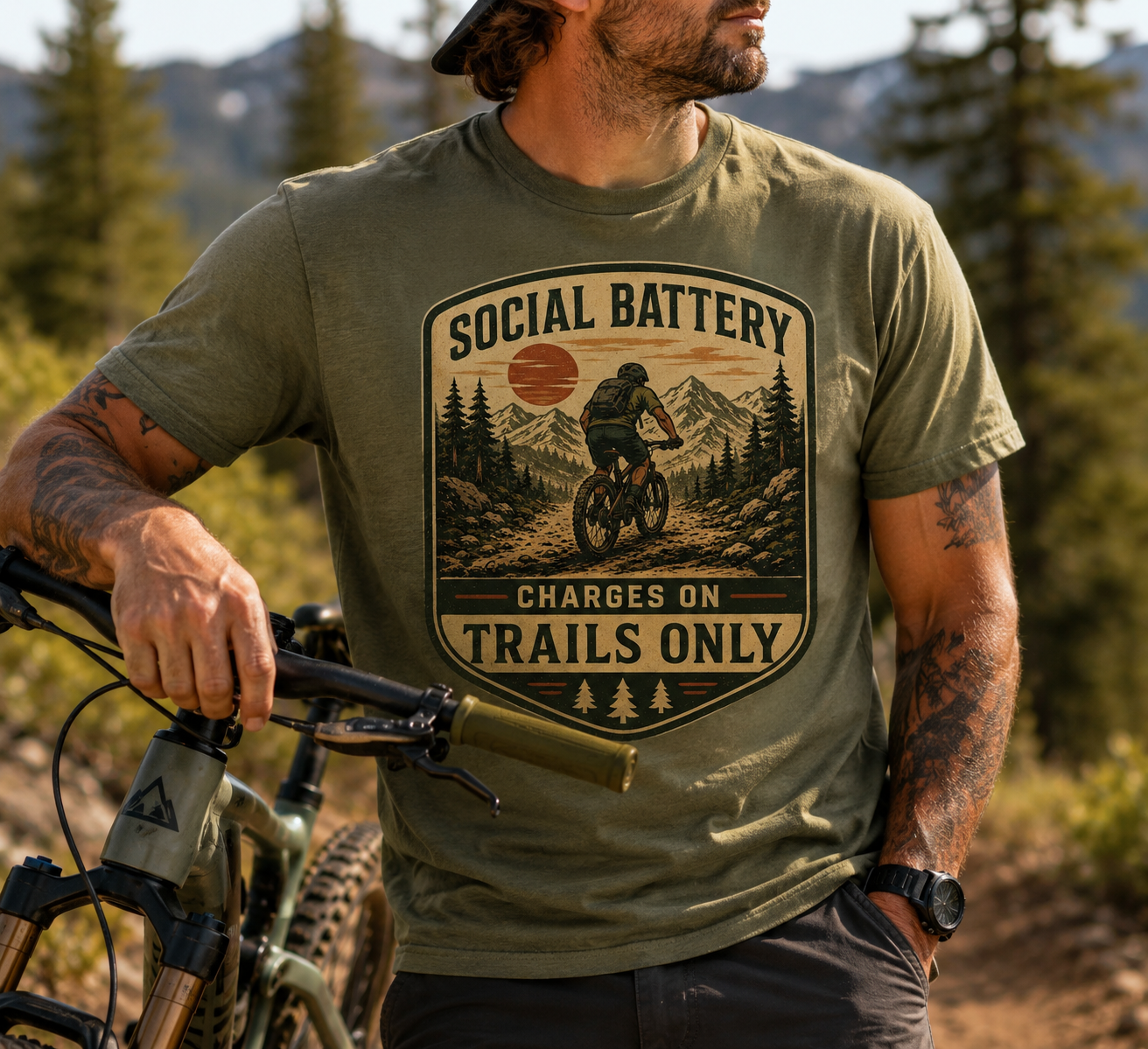 Mountain Biking Tee — "Social Battery Charges on Trails Only" Graphic T‑Shirt