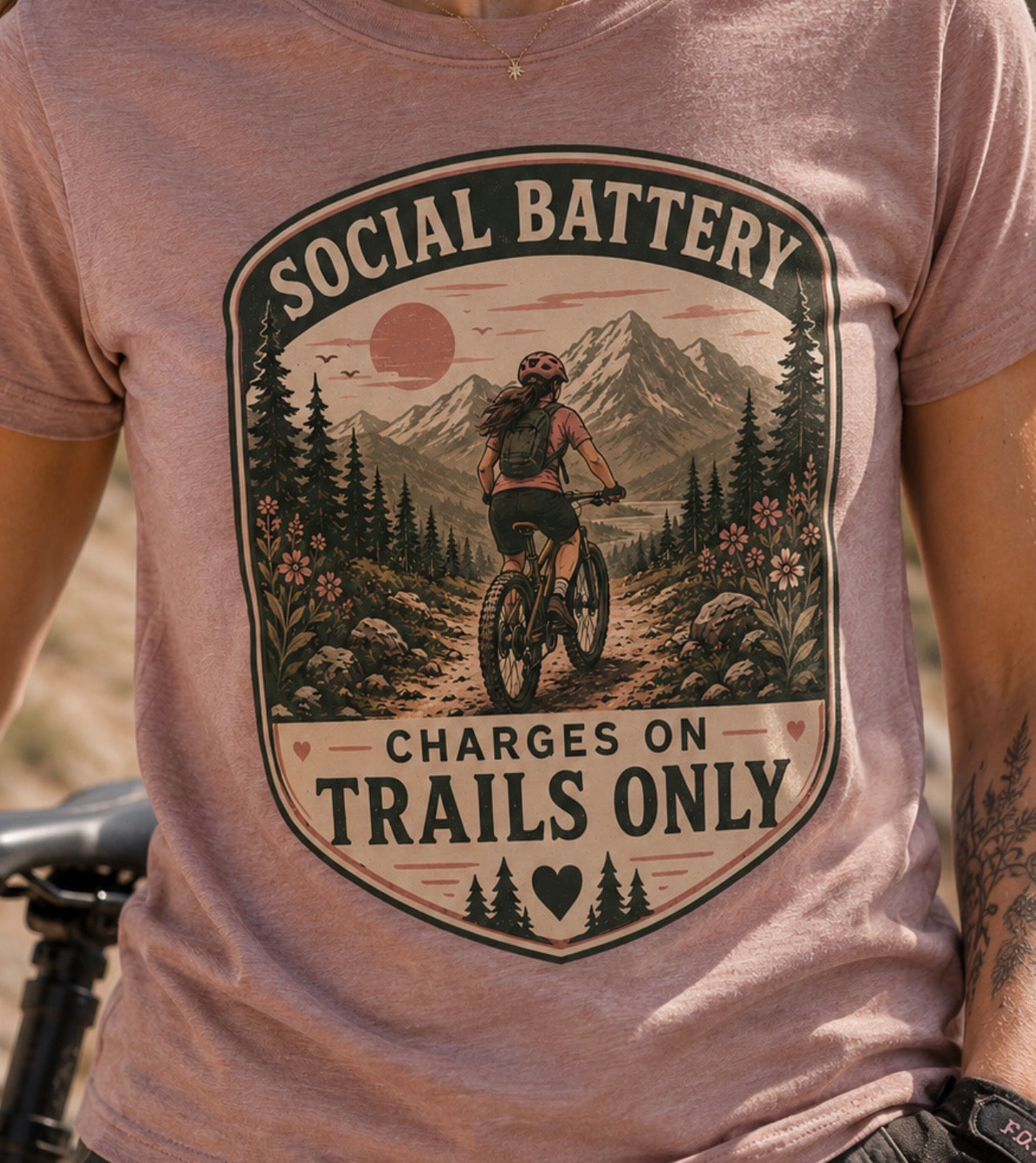Woman’s Mountain biking T-Shirt — “Social Battery Charges On Trails Only” Outdoor Adventure Tee