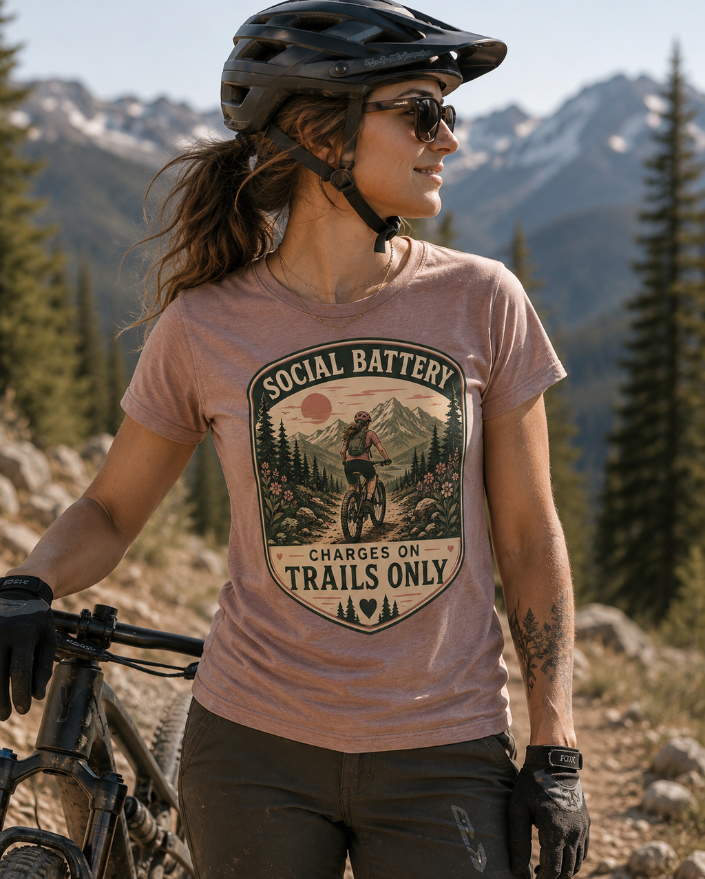 Woman’s Mountain biking T-Shirt — “Social Battery Charges On Trails Only” Outdoor Adventure Tee