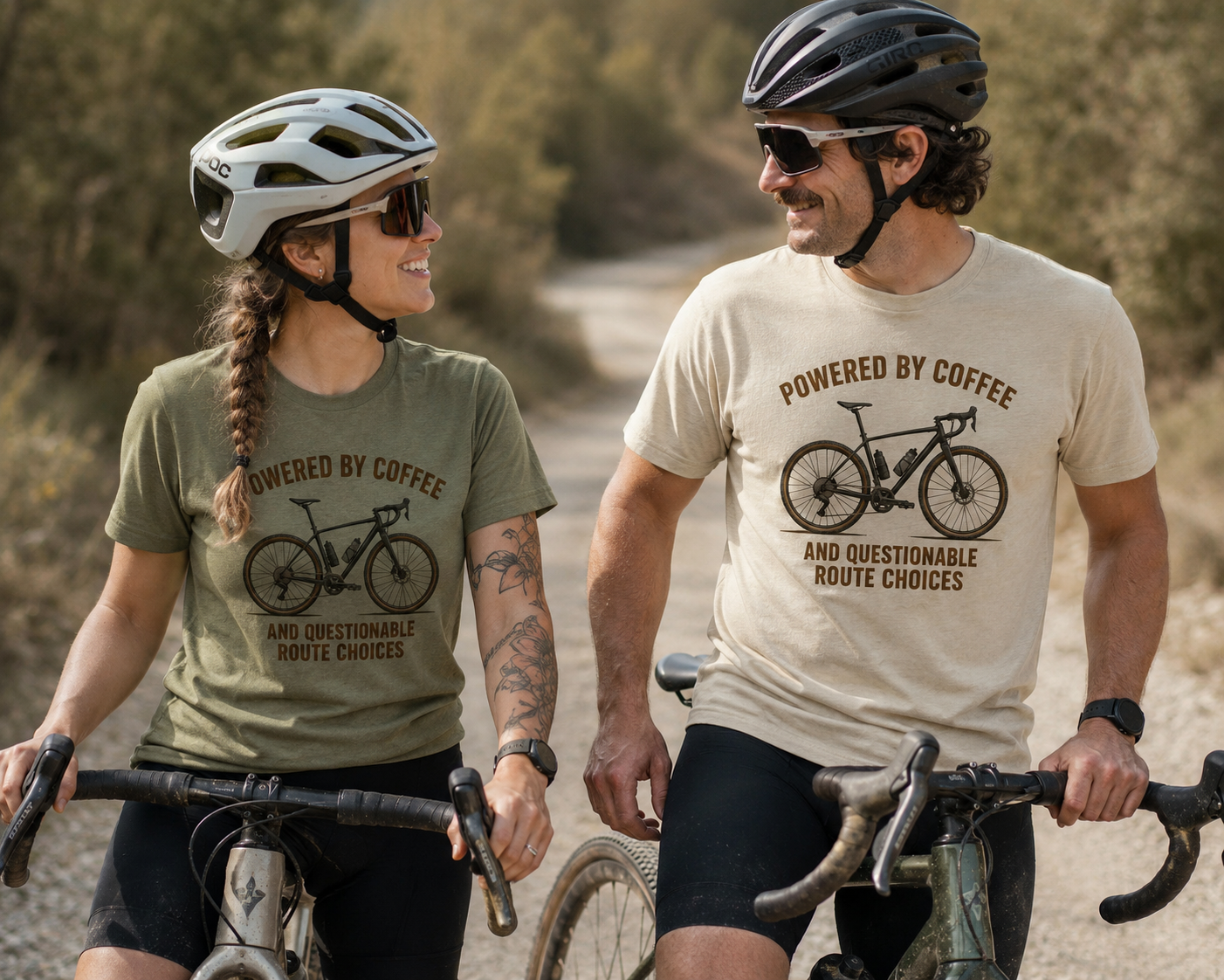 Unisex Coffee-Powered gravel Bike T-Shirt — "Powered by Coffee and Questionable Route Choices"