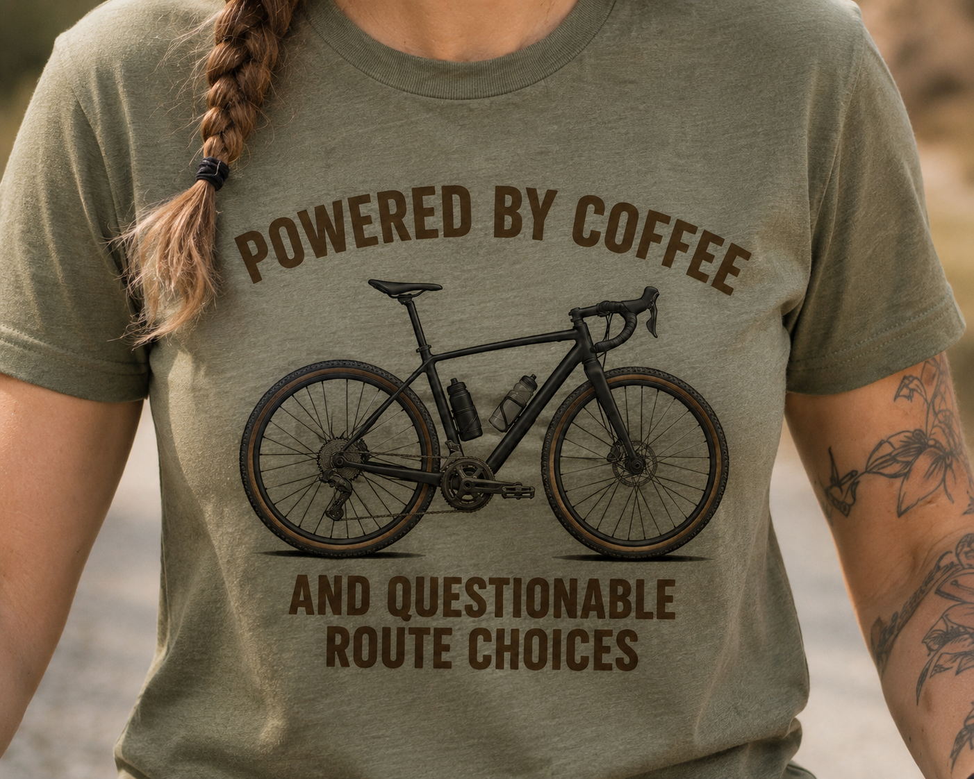 Unisex Coffee-Powered gravel Bike T-Shirt — "Powered by Coffee and Questionable Route Choices"