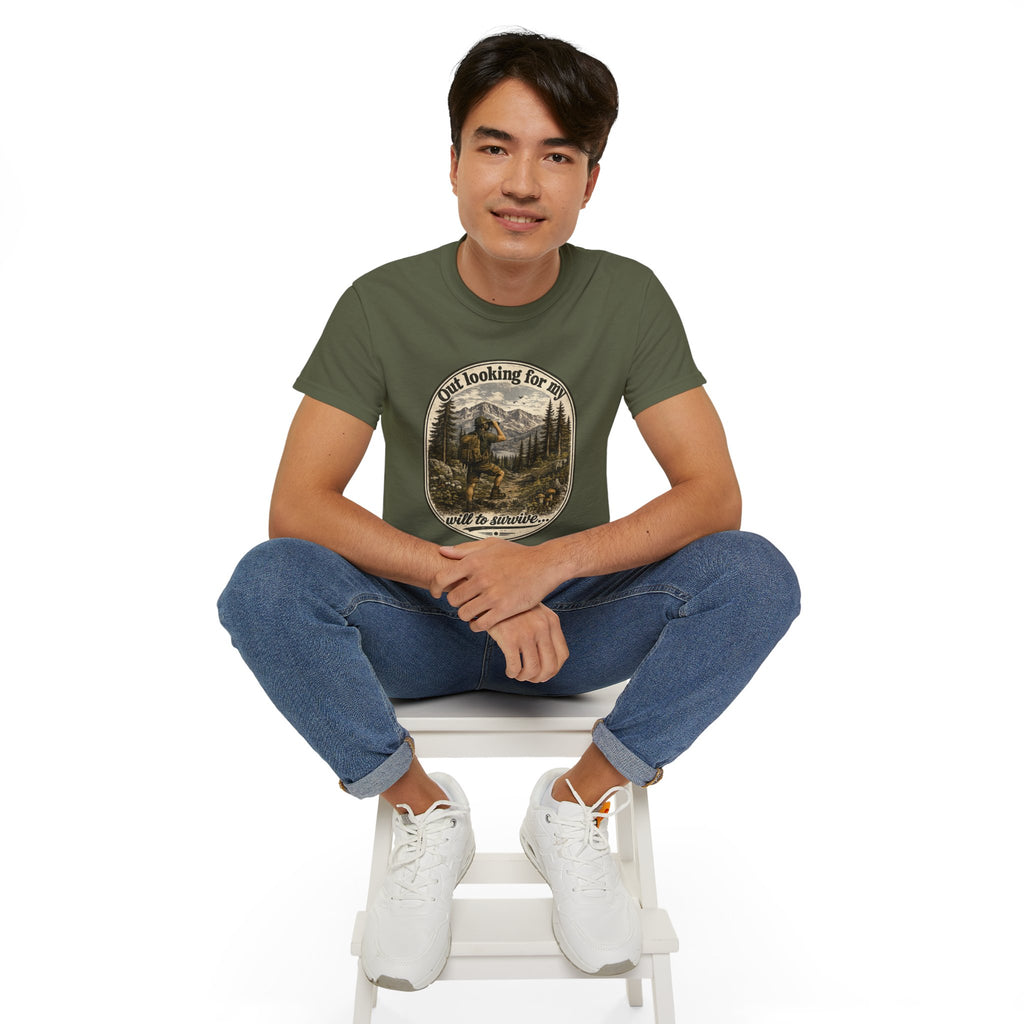 Adventure Graphic Tee — “Out Looking for My Will to Survive” Mountain Hiking Shirt
