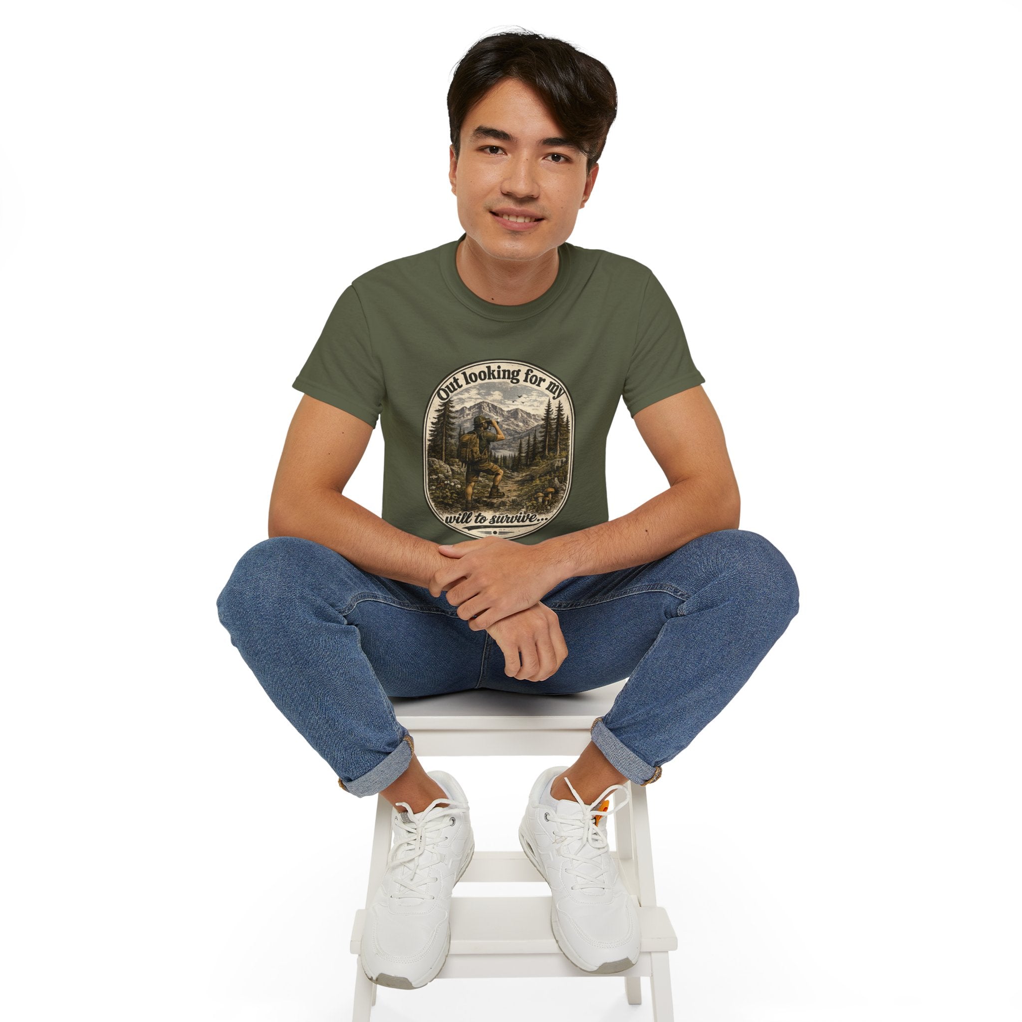 Adventure Graphic Tee — “Out Looking for My Will to Survive” Mountain Hiking Shirt