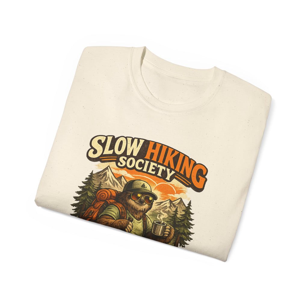Slow Hiking Society T-Shirt — "Last One to the Top Wins" Vintage Outdoor Tee