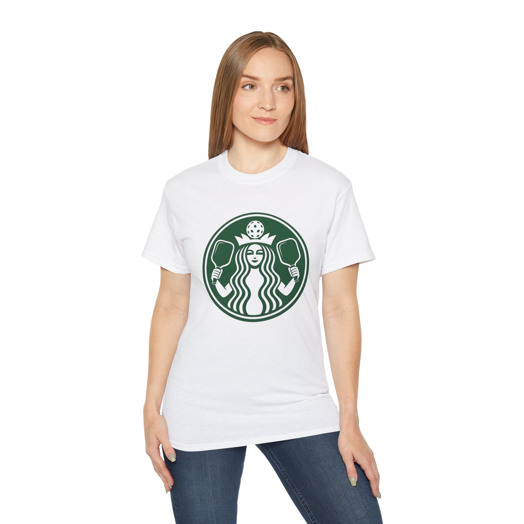 Coffee pickleball Logo Tee — Retro Mermaid Holding paddles Graphic T-Shirt