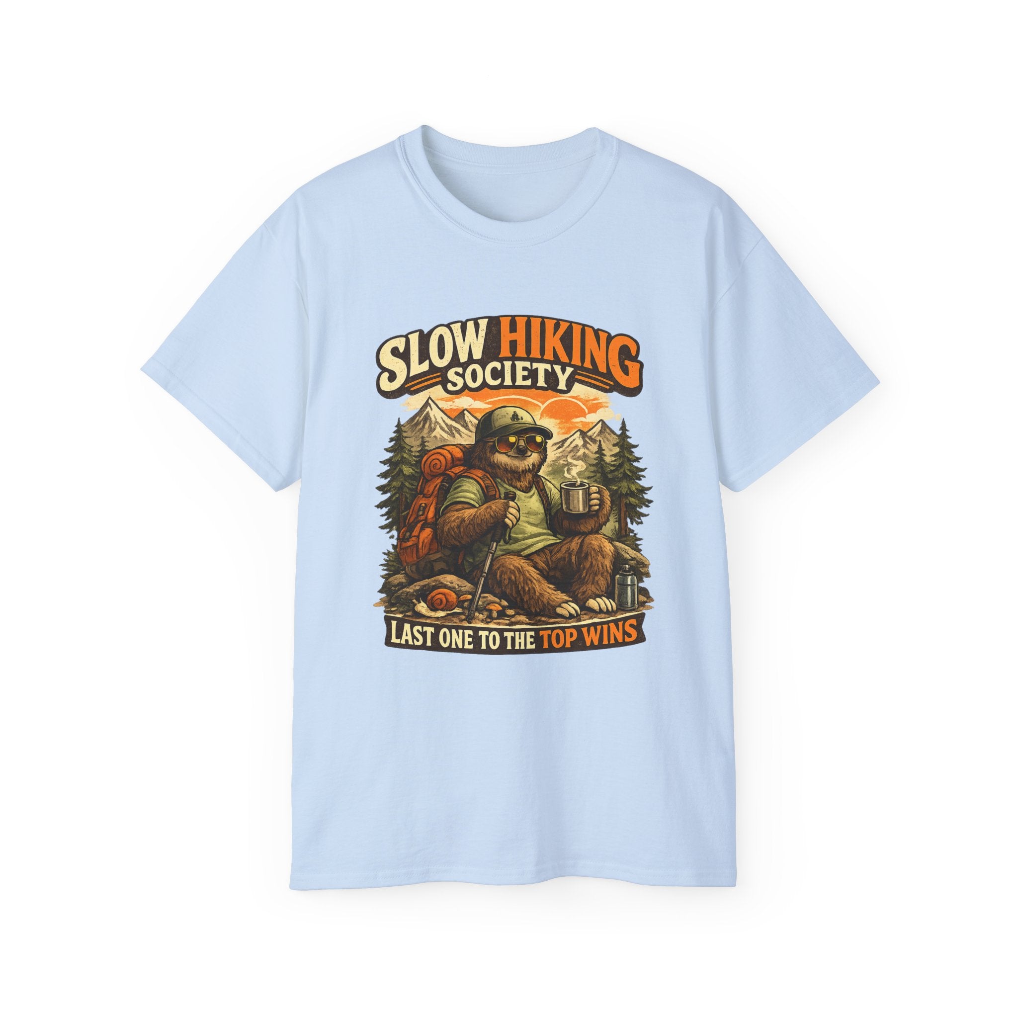 Slow Hiking Society T-Shirt — "Last One to the Top Wins" Vintage Outdoor Tee