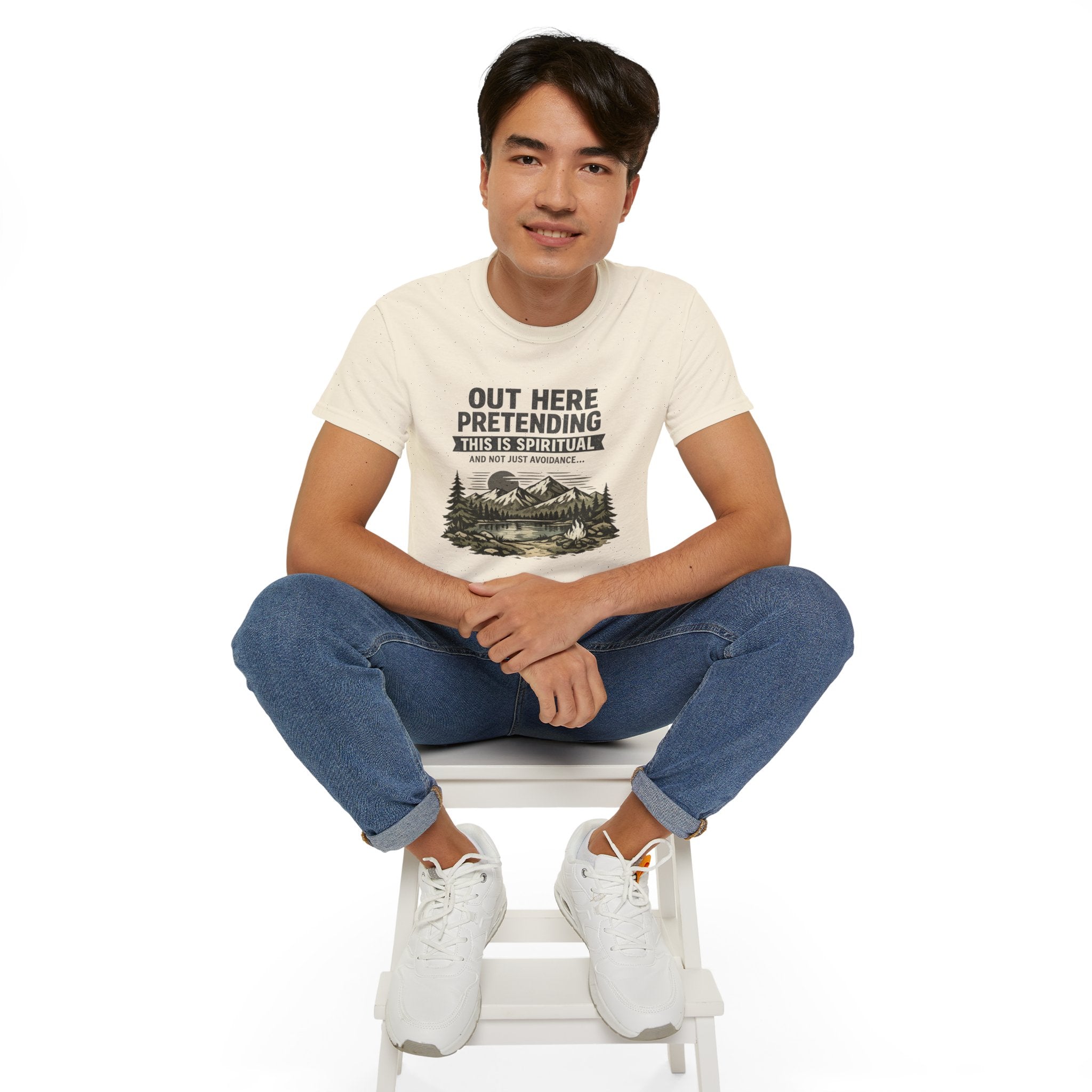 “Out Here Pretending This Is Spiritual” Mountain Camping Shirt
