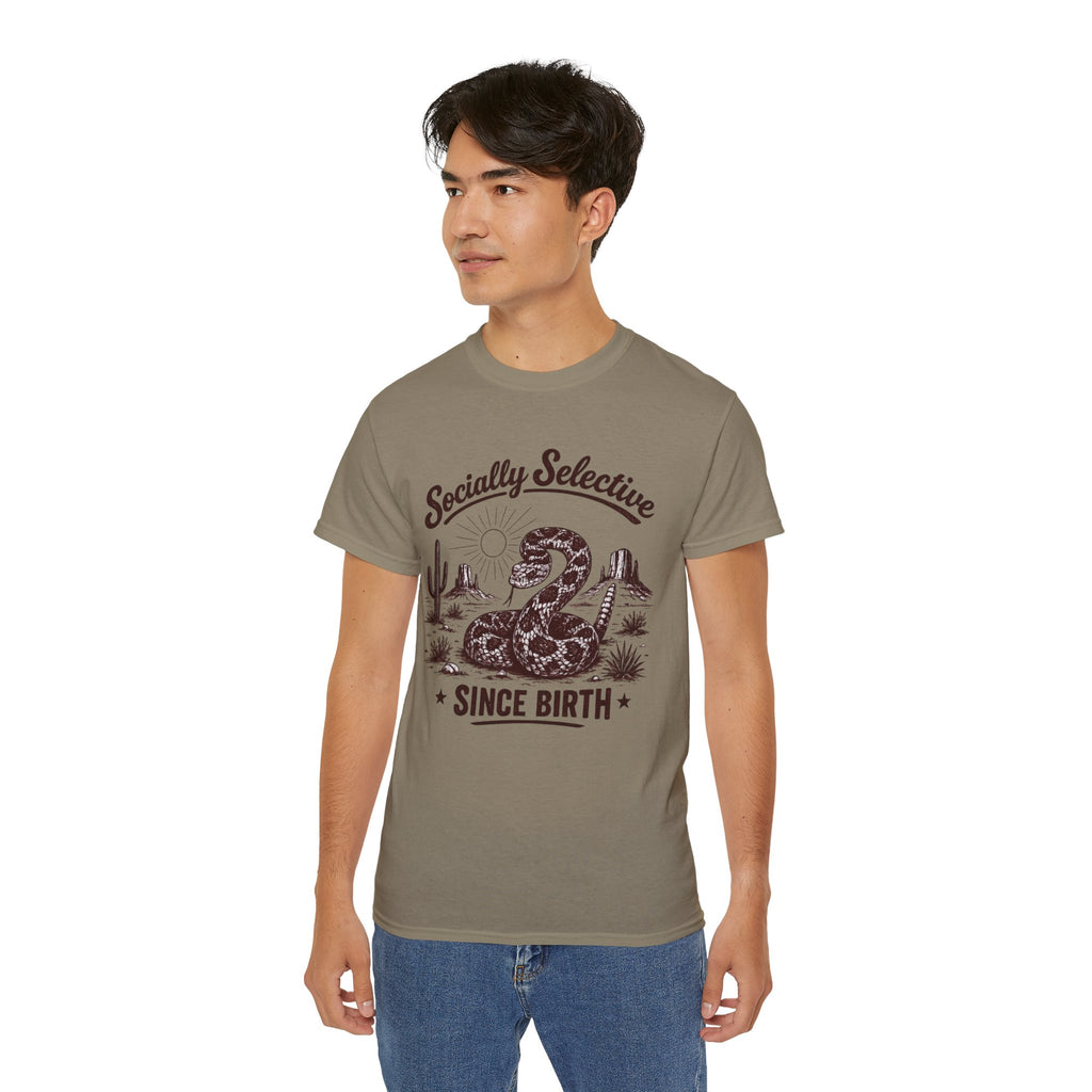 T-Shirt — "Socially Selective Since Birth" Vintage Desert Snake Graphic Tee