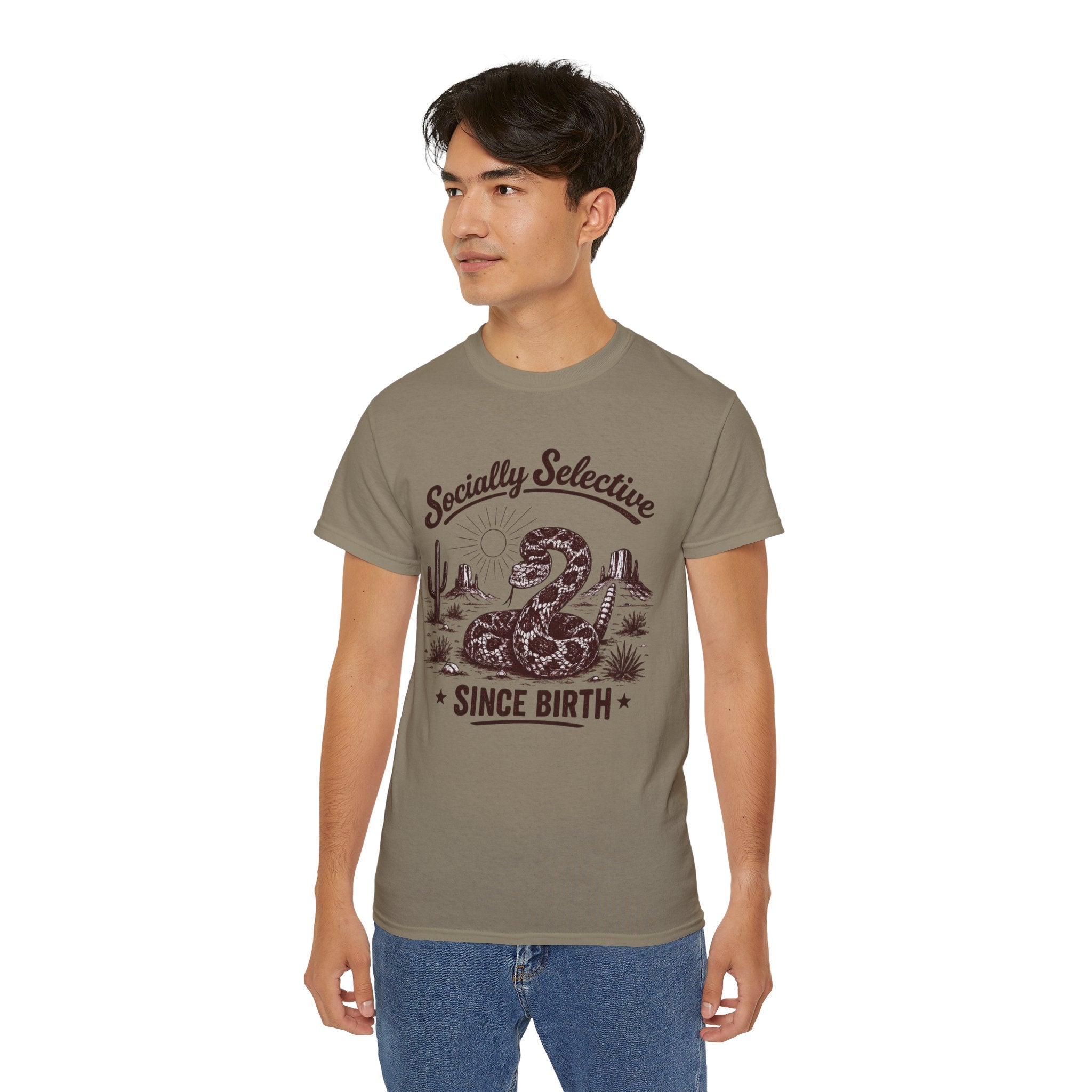 T-Shirt — "Socially Selective Since Birth" Vintage Desert Snake Graphic Tee