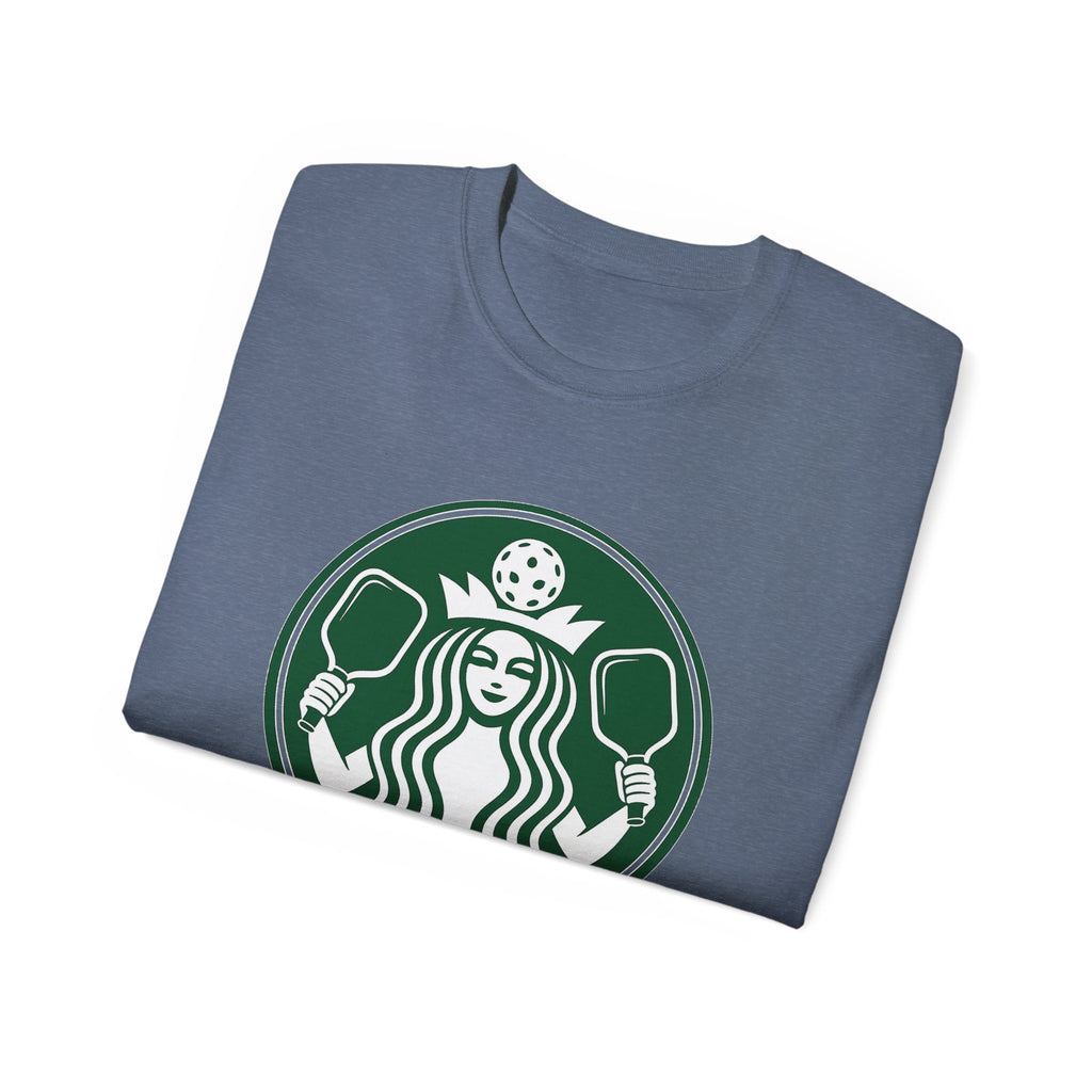 Coffee pickleball Logo Tee — Retro Mermaid Holding paddles Graphic T-Shirt