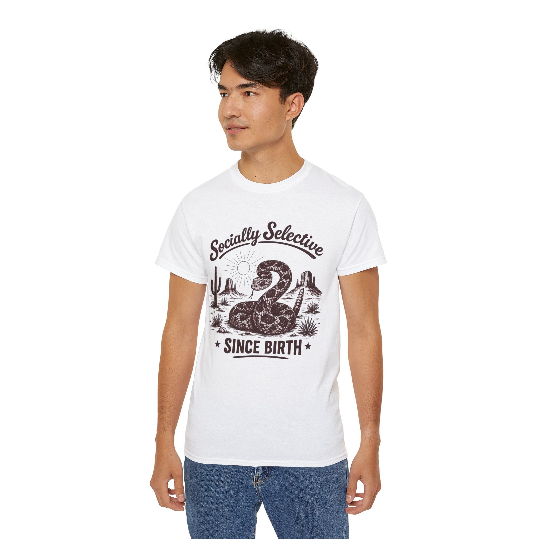 T-Shirt — "Socially Selective Since Birth" Vintage Desert Snake Graphic Tee