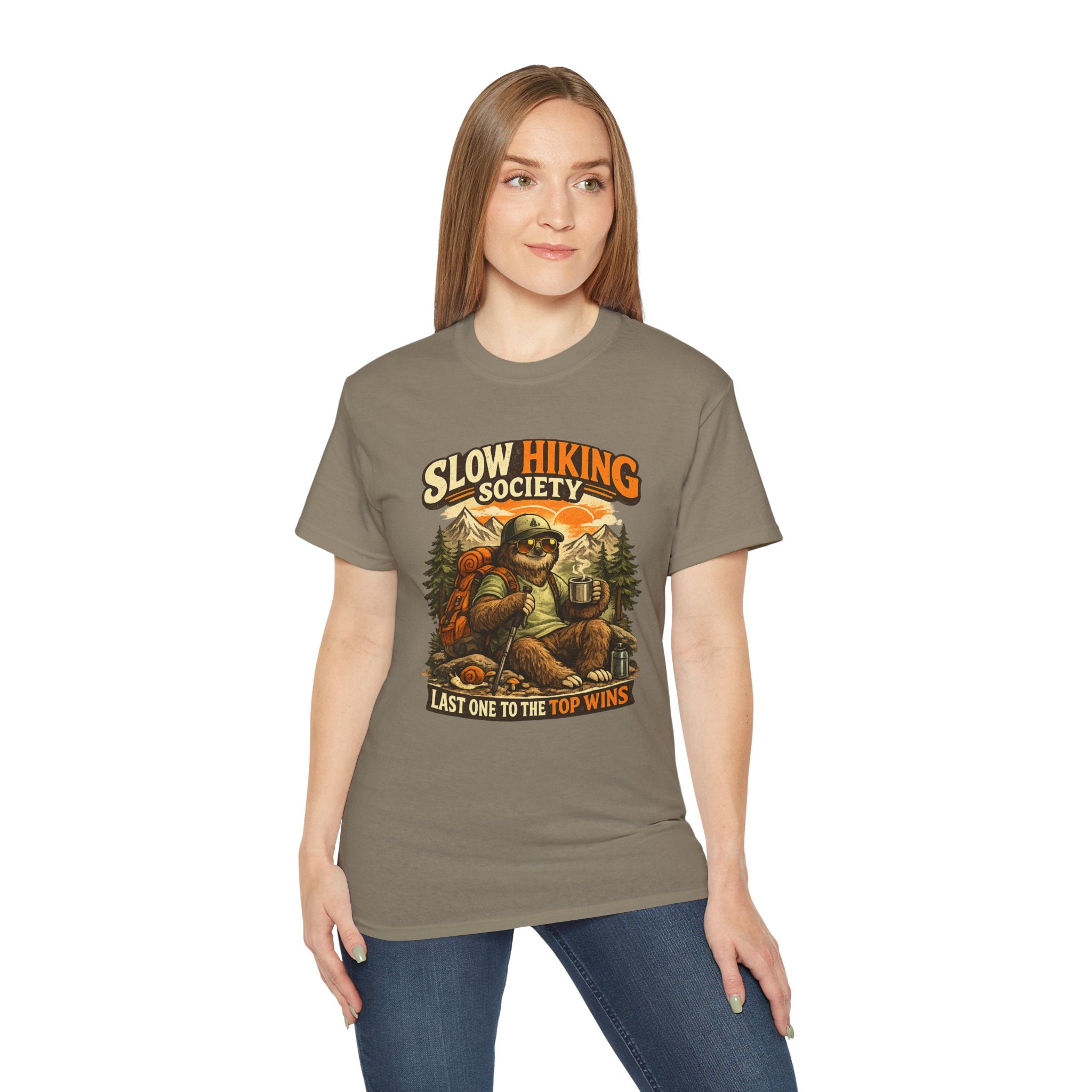 Slow Hiking Society T-Shirt — "Last One to the Top Wins" Vintage Outdoor Tee