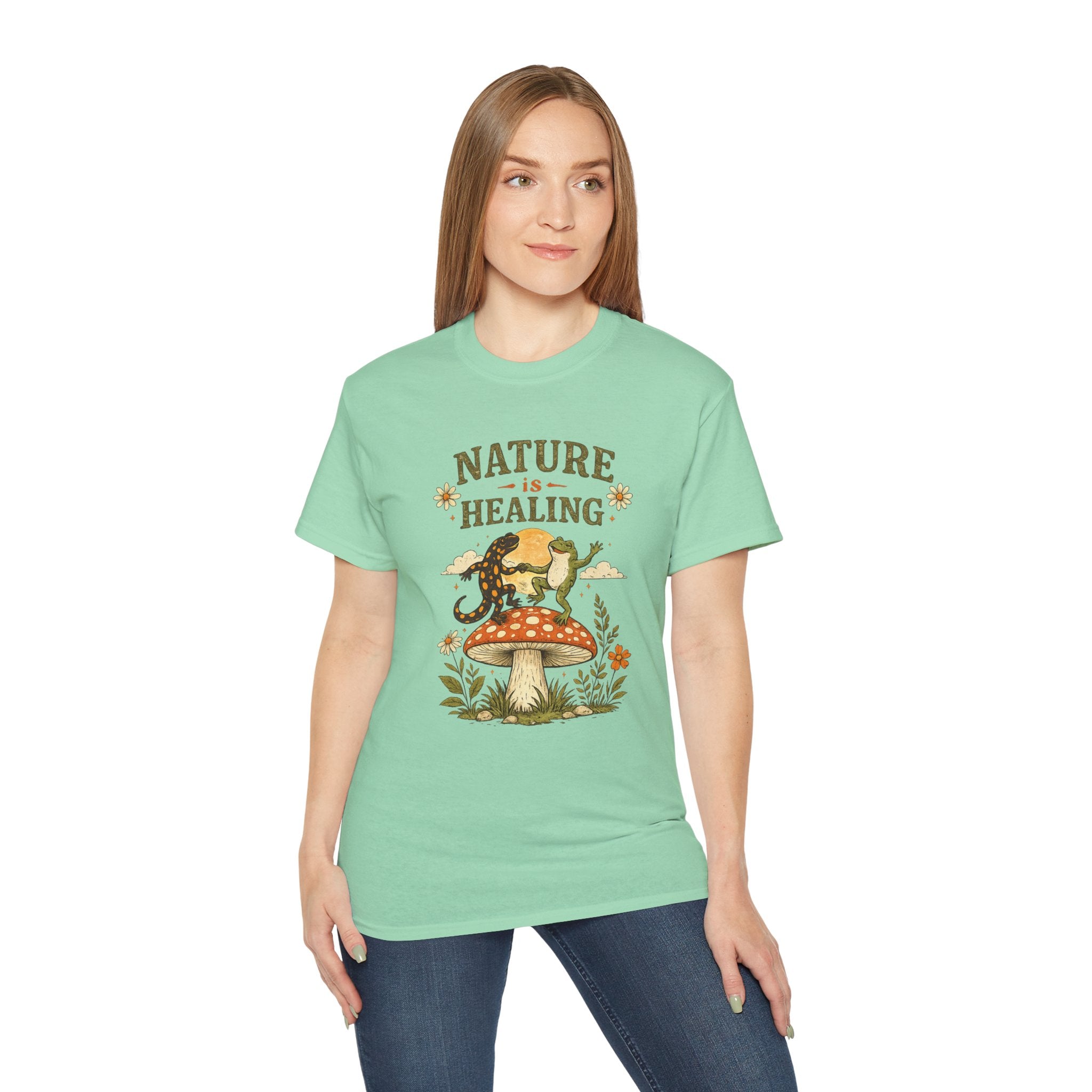 Nature Is Healing T‑Shirt — Retro Mushroom & frog lizard Graphic Tee