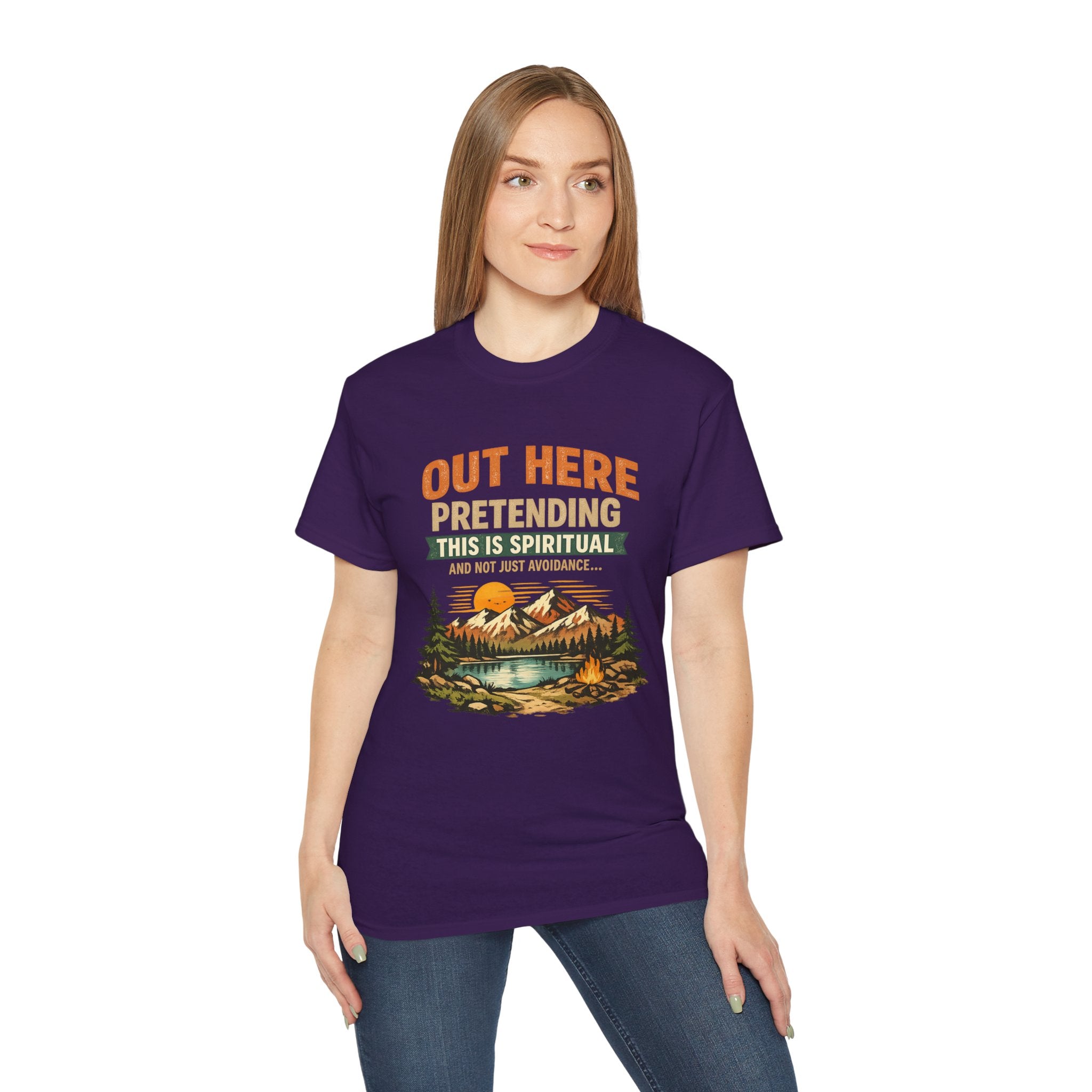Outdoor Graphic Tee — “Out Here Pretending This Is Spiritual” Mountain Lake T‑Shirt - Because we know the truth and it's okay