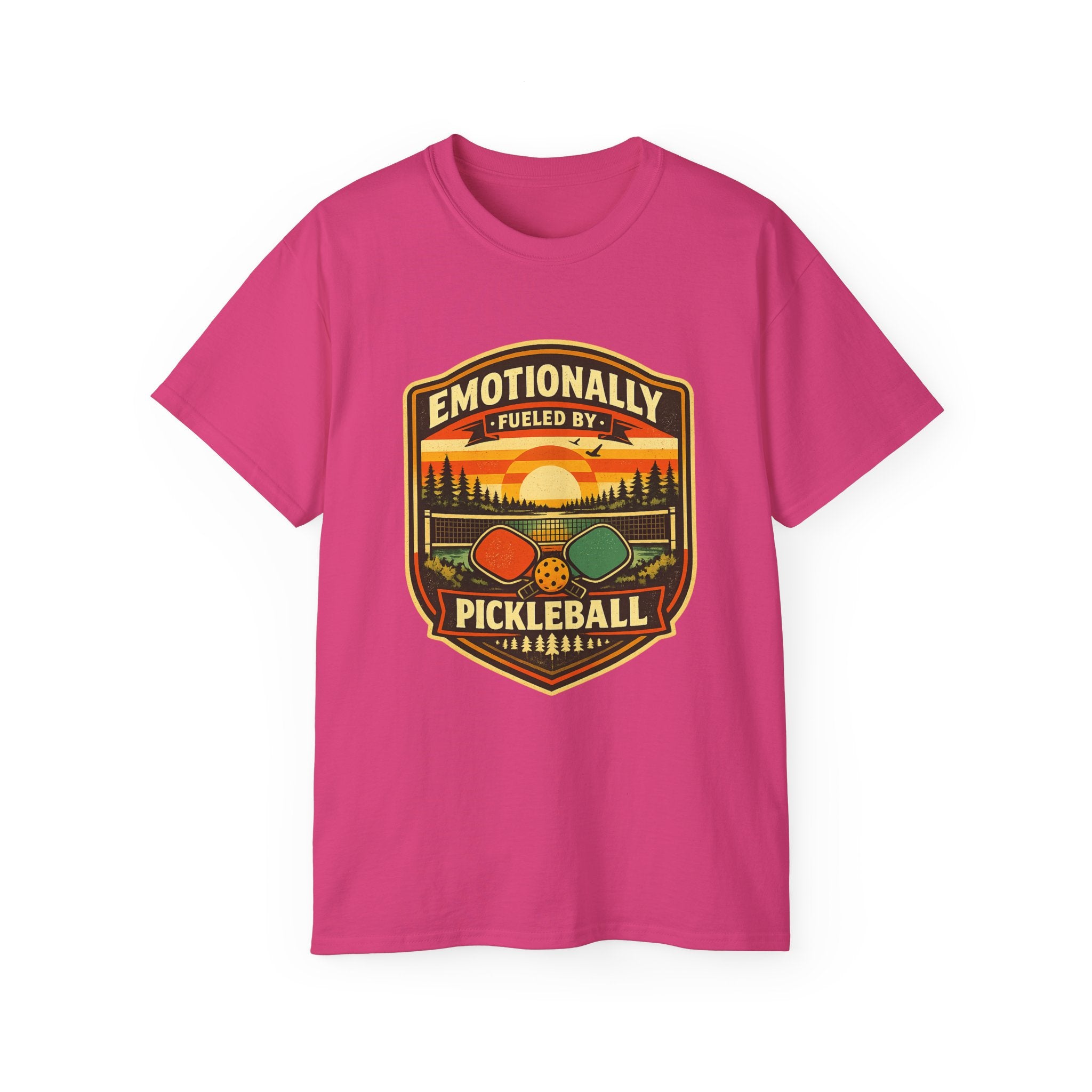 Pickleball Sunset Badge T‑Shirt  Emotionally Fueled by Pickleball