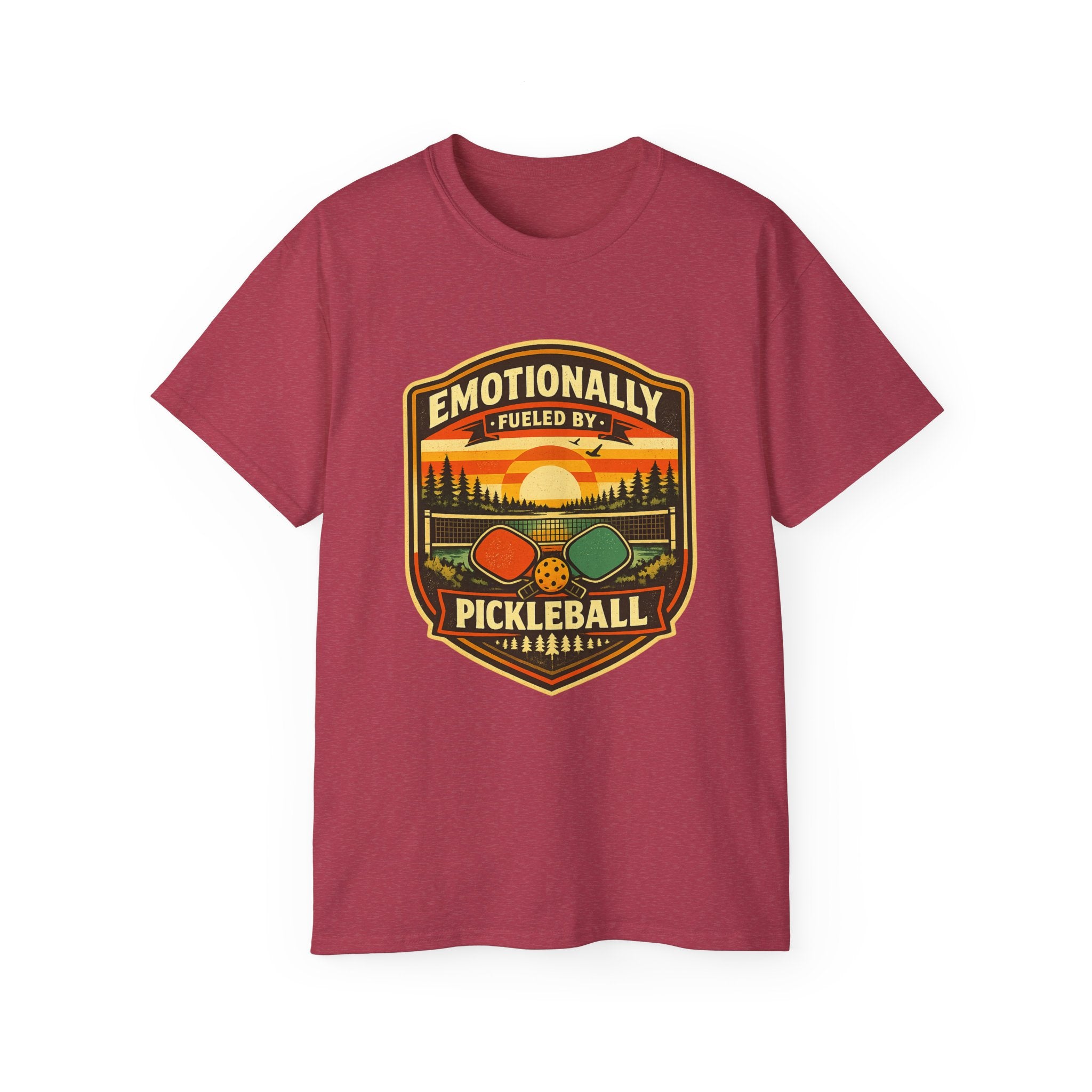Pickleball Sunset Badge T‑Shirt  Emotionally Fueled by Pickleball