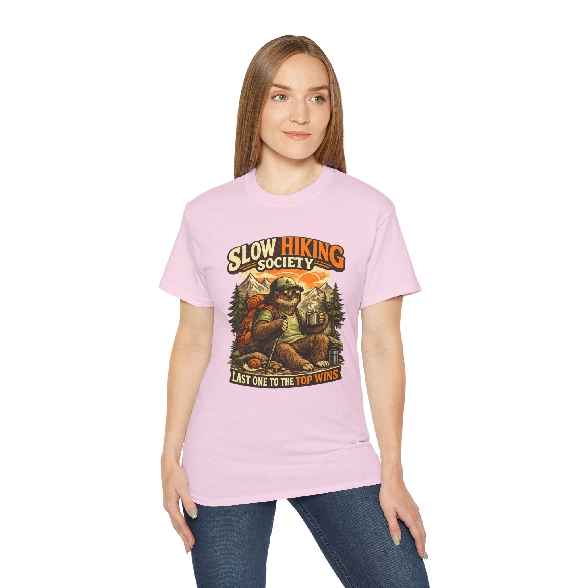 Slow Hiking Society T-Shirt — "Last One to the Top Wins" Vintage Outdoor Tee