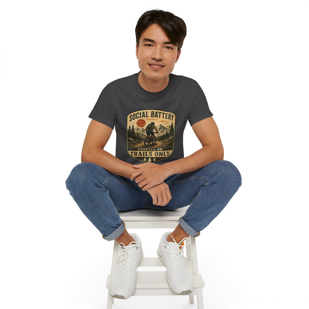 Mountain Biking Tee — "Social Battery Charges on Trails Only" Graphic T‑Shirt