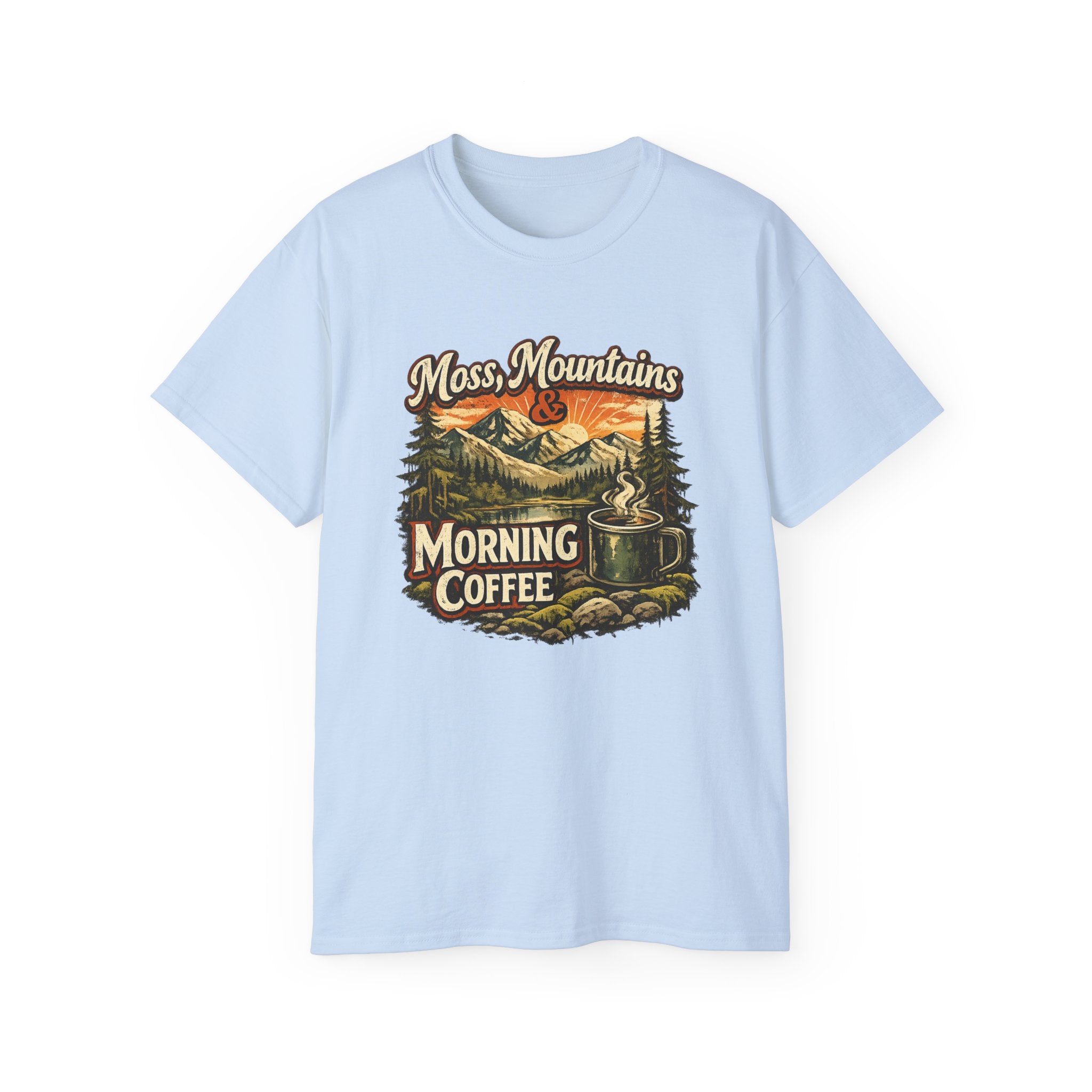 Moss, Mountains & Morning Coffee Tee — Vintage Camping Coffee T‑Shirt
