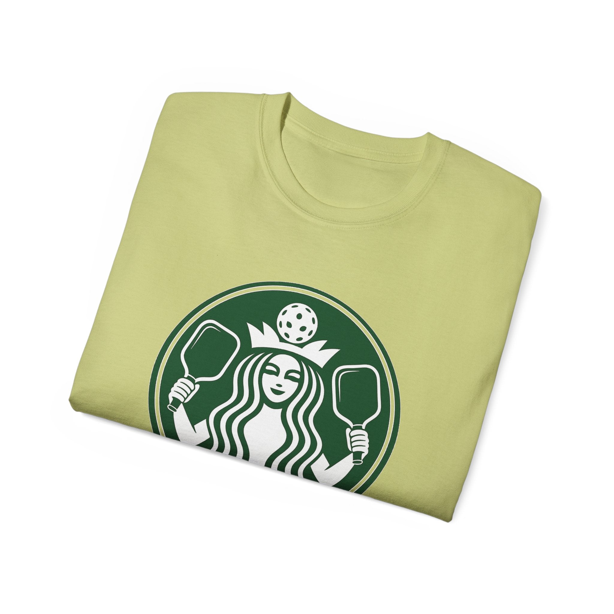 Coffee pickleball Logo Tee — Retro Mermaid Holding paddles Graphic T-Shirt