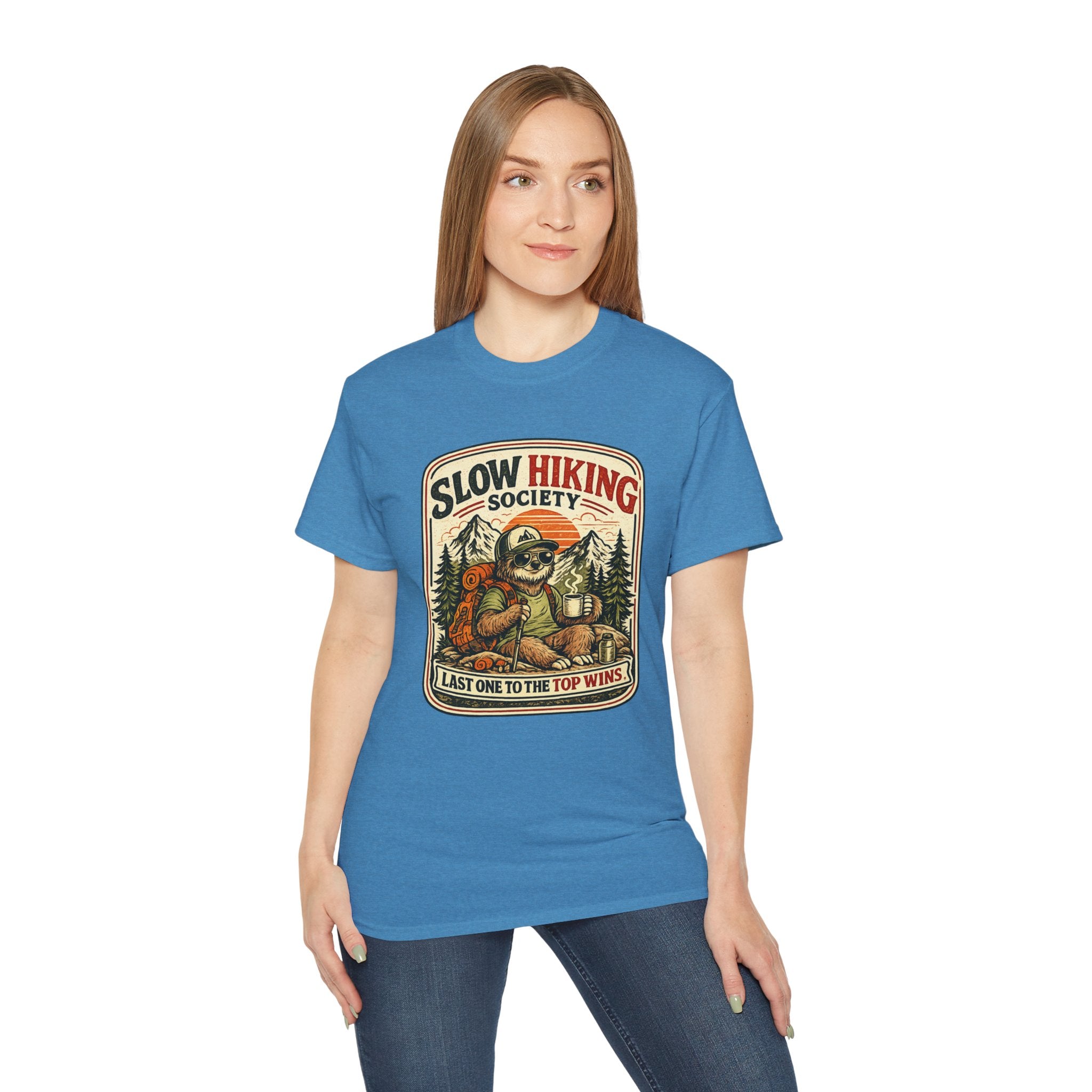 Slow Hiking Society T-Shirt — 'Last One to the Top Wins' Vintage Outdoor Tee
