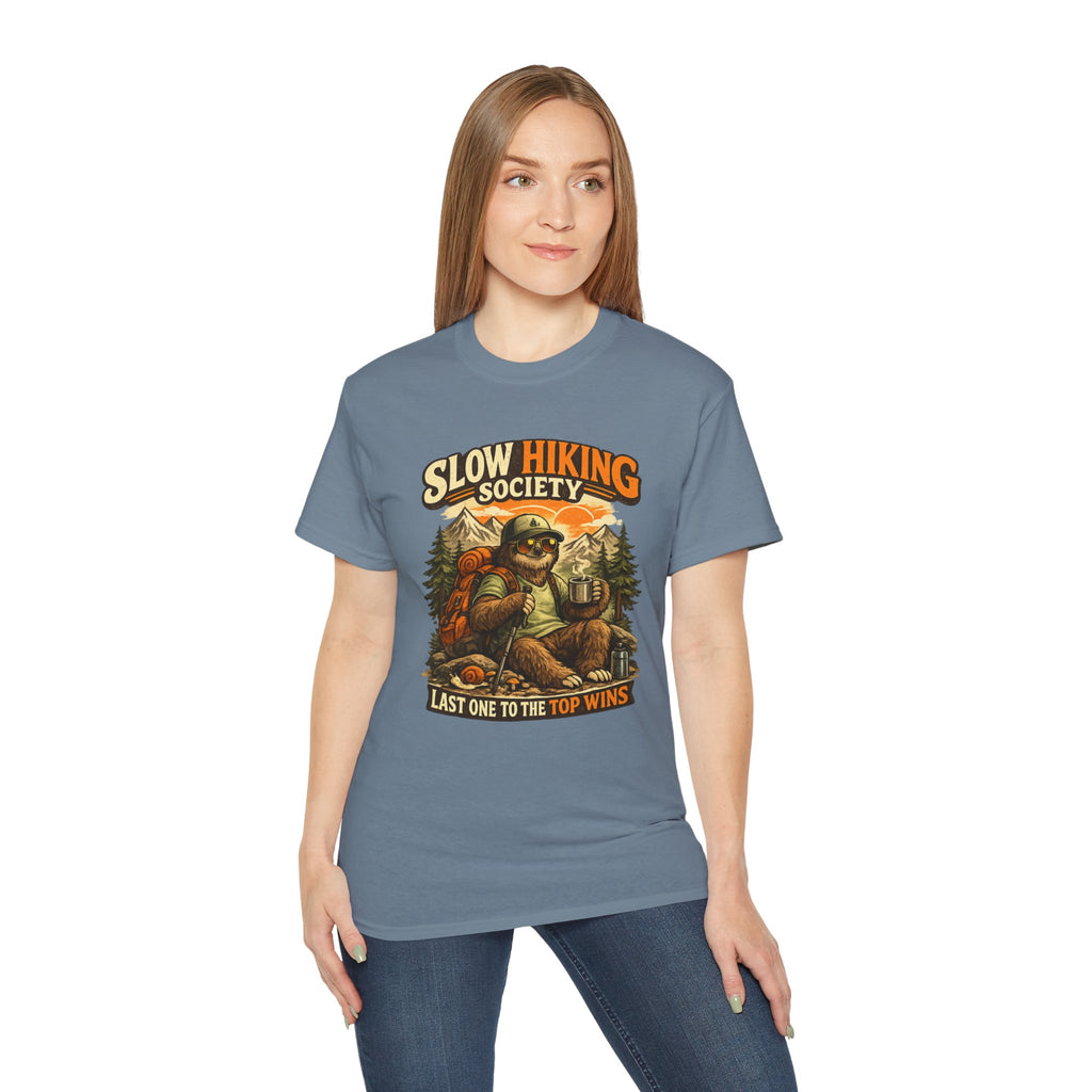 Slow Hiking Society T-Shirt — "Last One to the Top Wins" Vintage Outdoor Tee