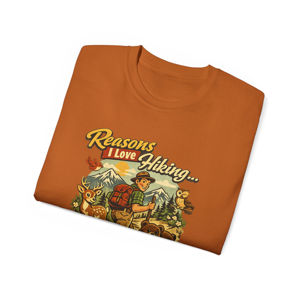 Hiking T-Shirt — Men’s "Reasons I Love Hiking... It Keeps Me From Being Charged For Murder" Vintage Outdoor Tee