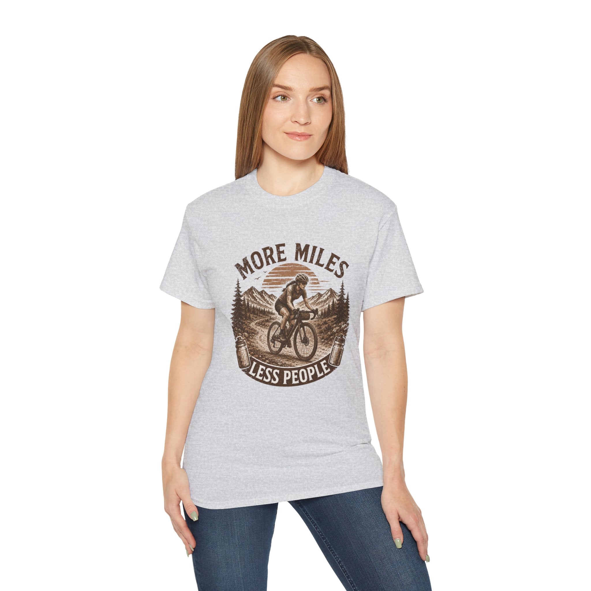 Women’s Gravel Cycling Tee — "More Miles Less People" Gravel Biker Shirt