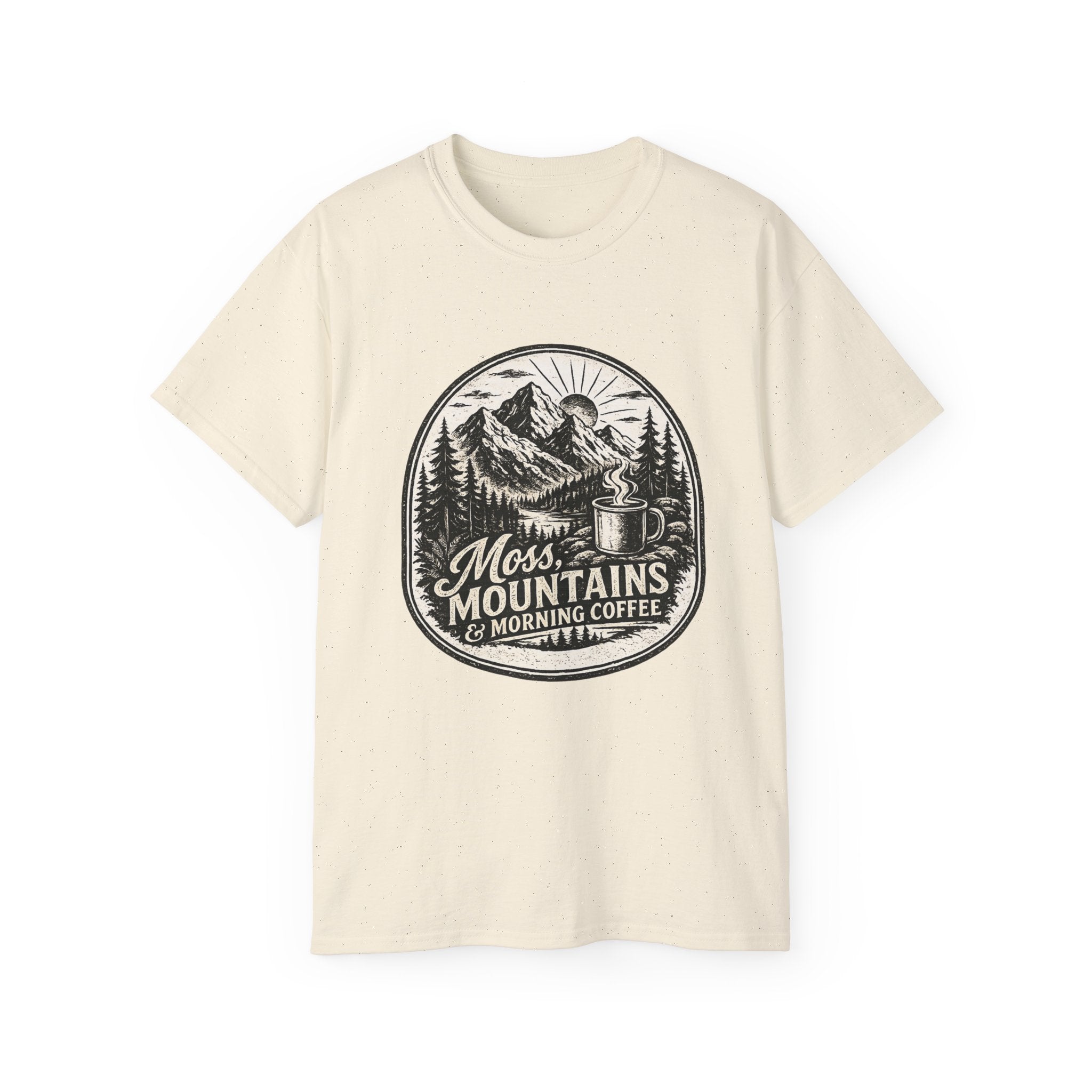 Moss, Mountains & Morning Coffee T-Shirt — Vintage Camping Coffee Tee