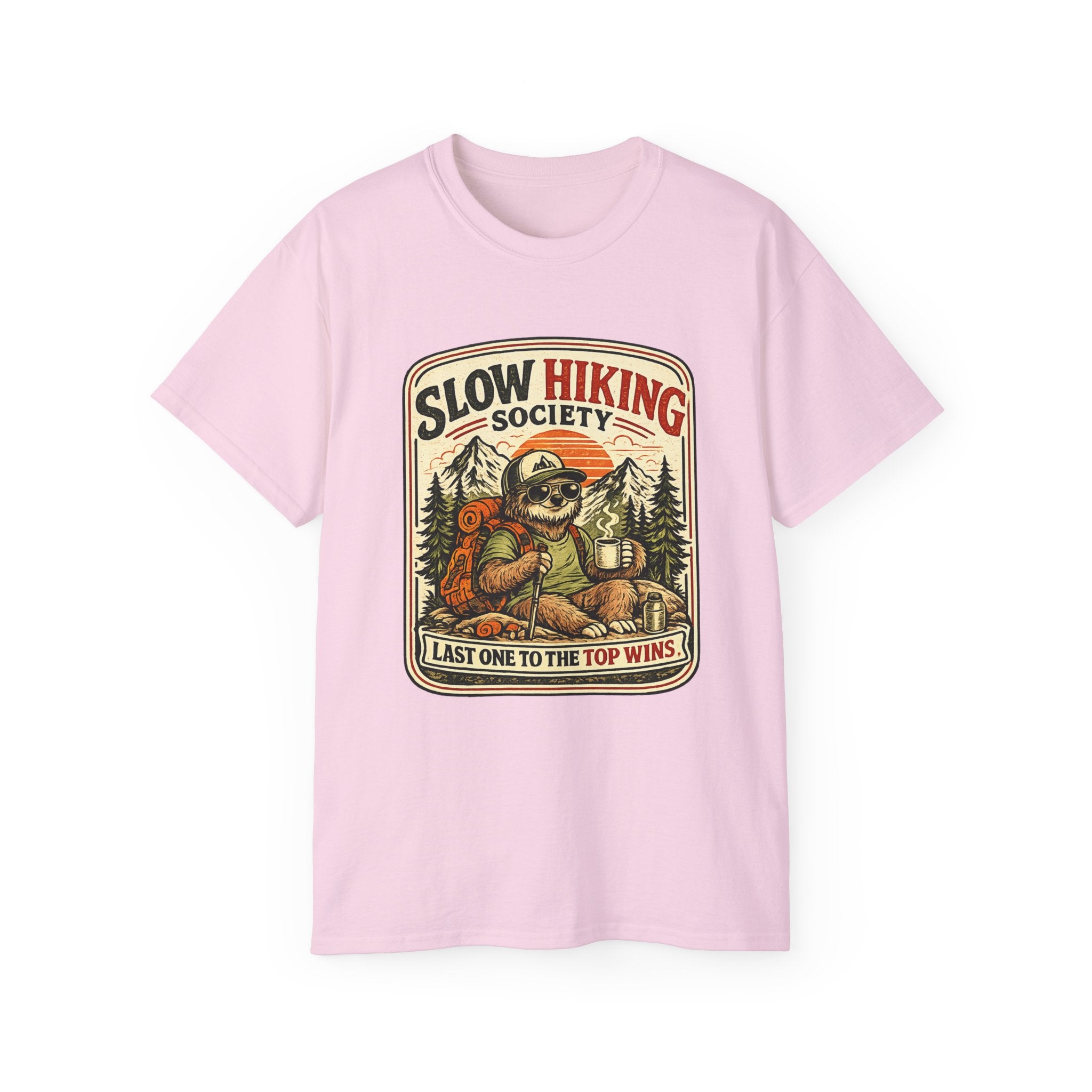 Slow Hiking Society T-Shirt — 'Last One to the Top Wins' Vintage Outdoor Tee
