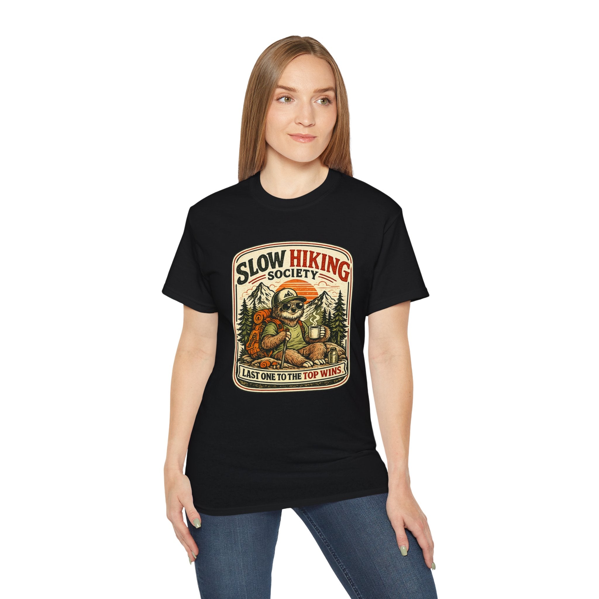 Slow Hiking Society T-Shirt — 'Last One to the Top Wins' Vintage Outdoor Tee