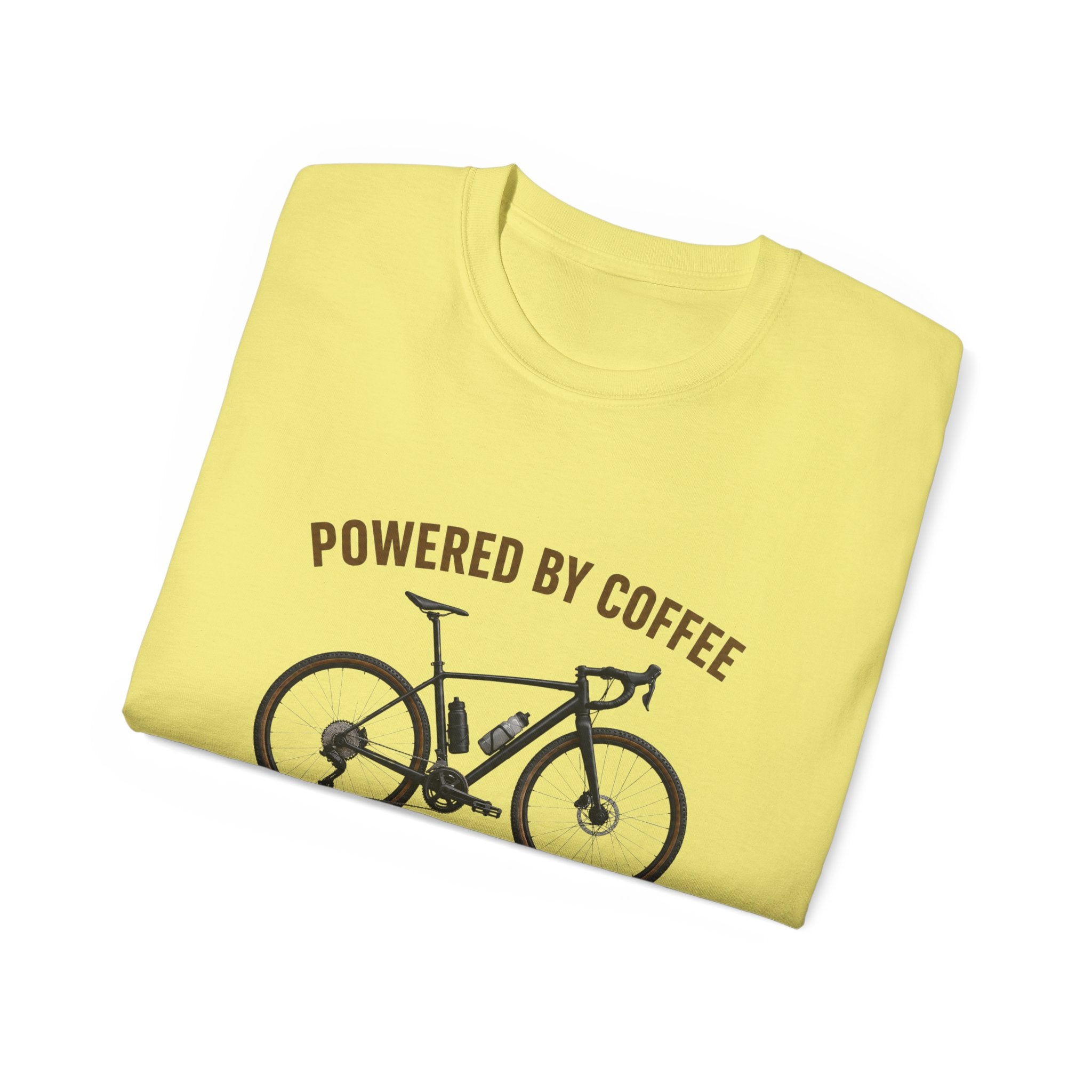 Unisex Coffee-Powered gravel Bike T-Shirt — "Powered by Coffee and Questionable Route Choices"