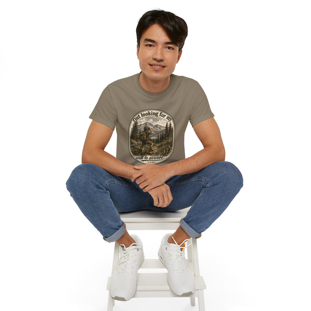 Adventure Graphic Tee — “Out Looking for My Will to Survive” Mountain Hiking Shirt