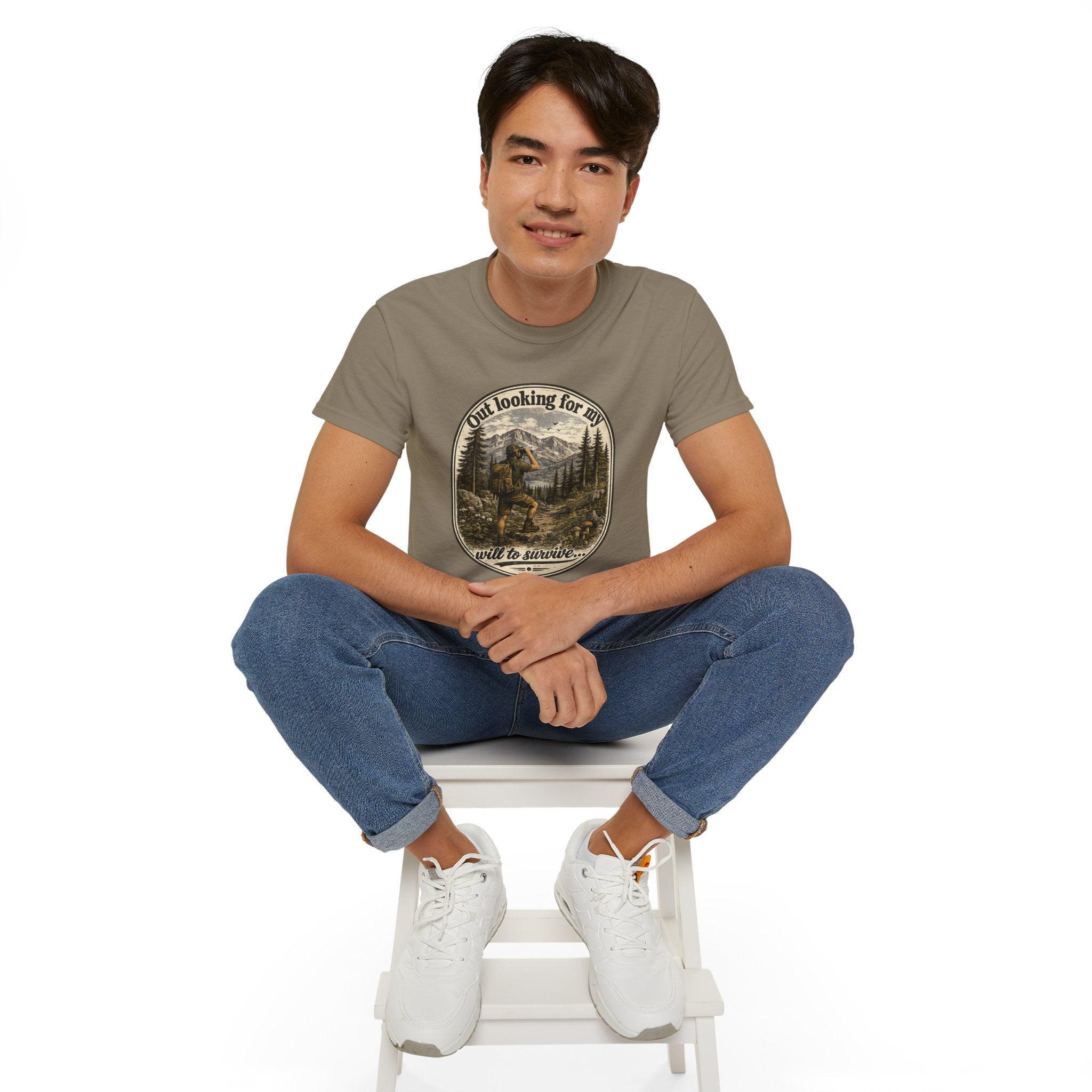 Adventure Graphic Tee — “Out Looking for My Will to Survive” Mountain Hiking Shirt