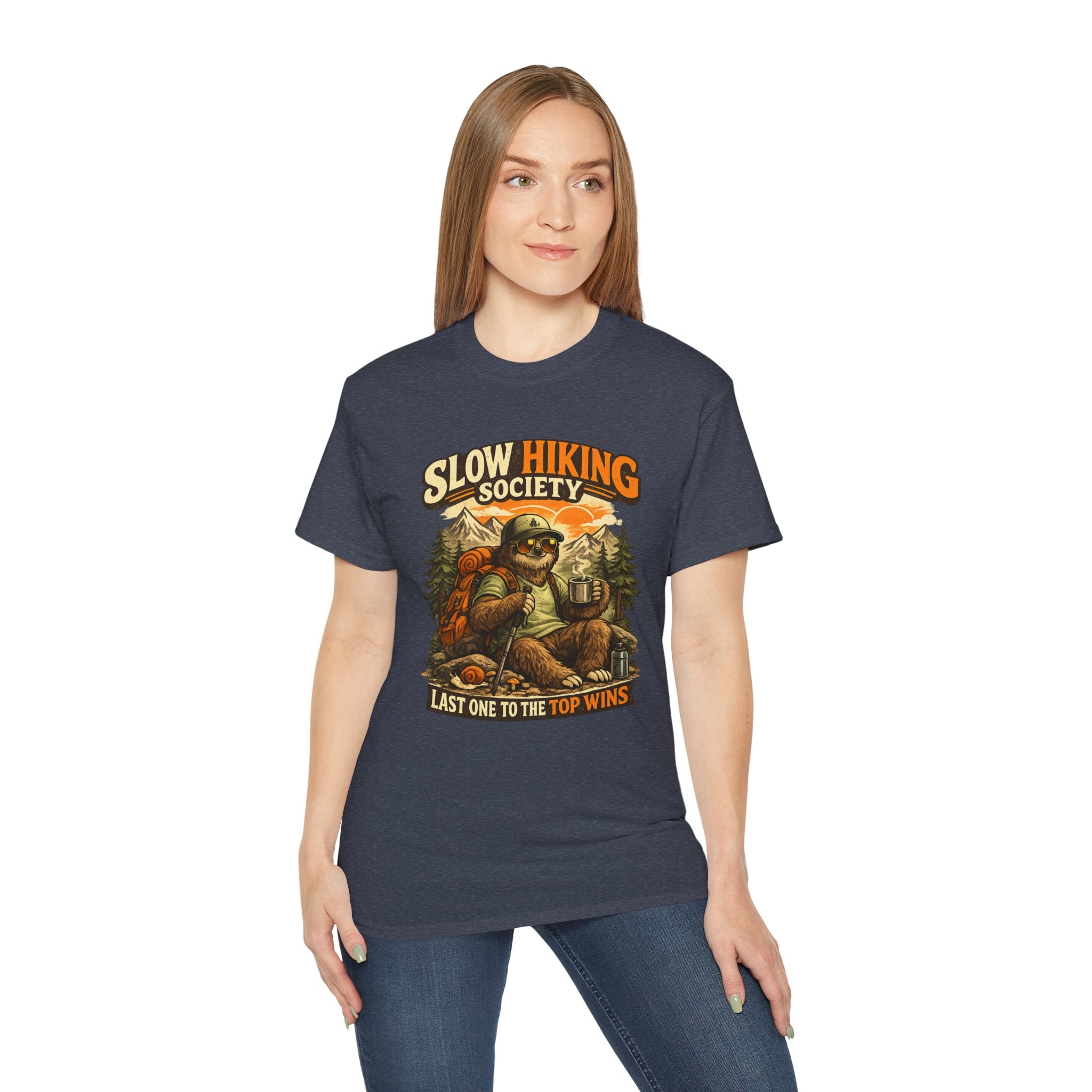 Slow Hiking Society T-Shirt — "Last One to the Top Wins" Vintage Outdoor Tee