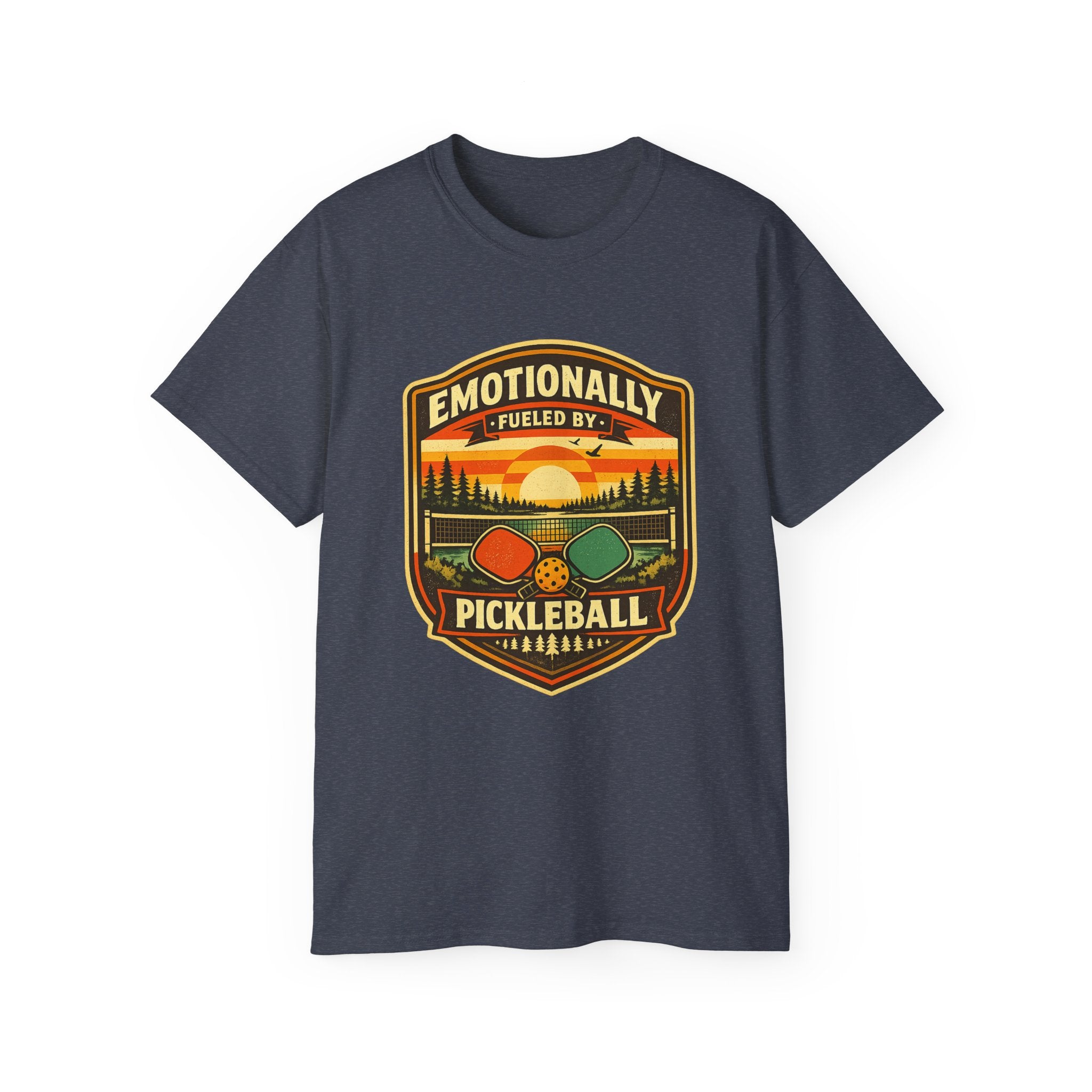 Pickleball Sunset Badge T‑Shirt  Emotionally Fueled by Pickleball